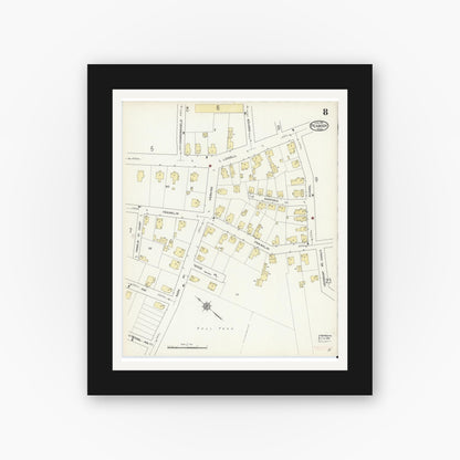 Old map wall art mockup — black gallery frame with white mat — Sanborn Fire Insurance Map from Peabody, Essex County, Massachusetts (1914), Sheet #0008