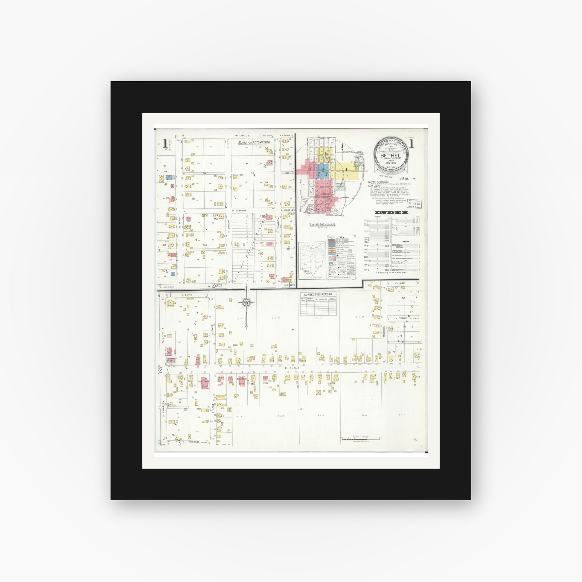 Old map wall art mockup — black gallery frame with white mat — Sanborn Fire Insurance Map from Bethel, Clermont County, Ohio (1933) - Complete Map Set
