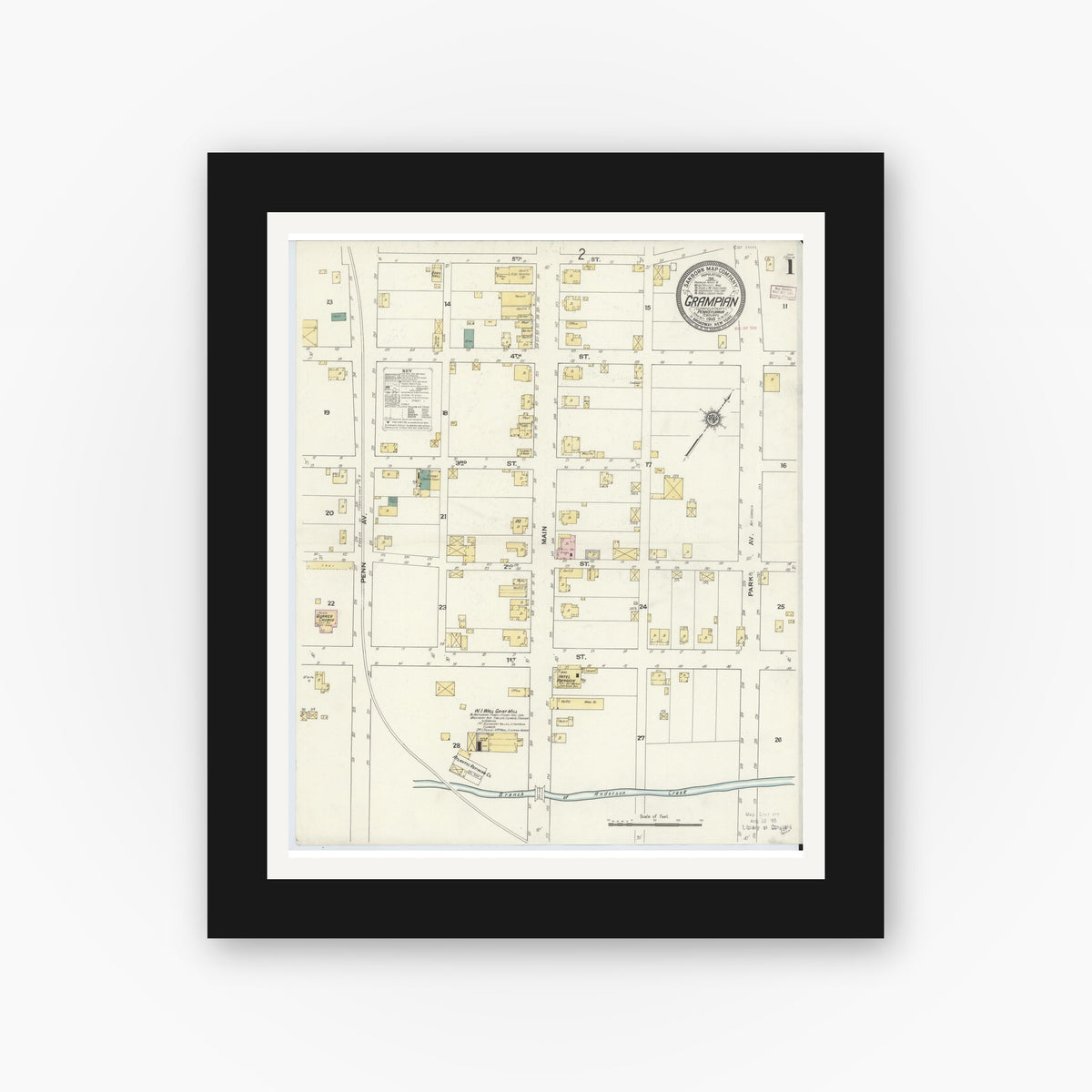 Old map wall art mockup — black gallery frame with white mat — Sanborn Fire Insurance Map from Grampian, Clearfield County, Pennsylvania (1910) - Complete Map Set