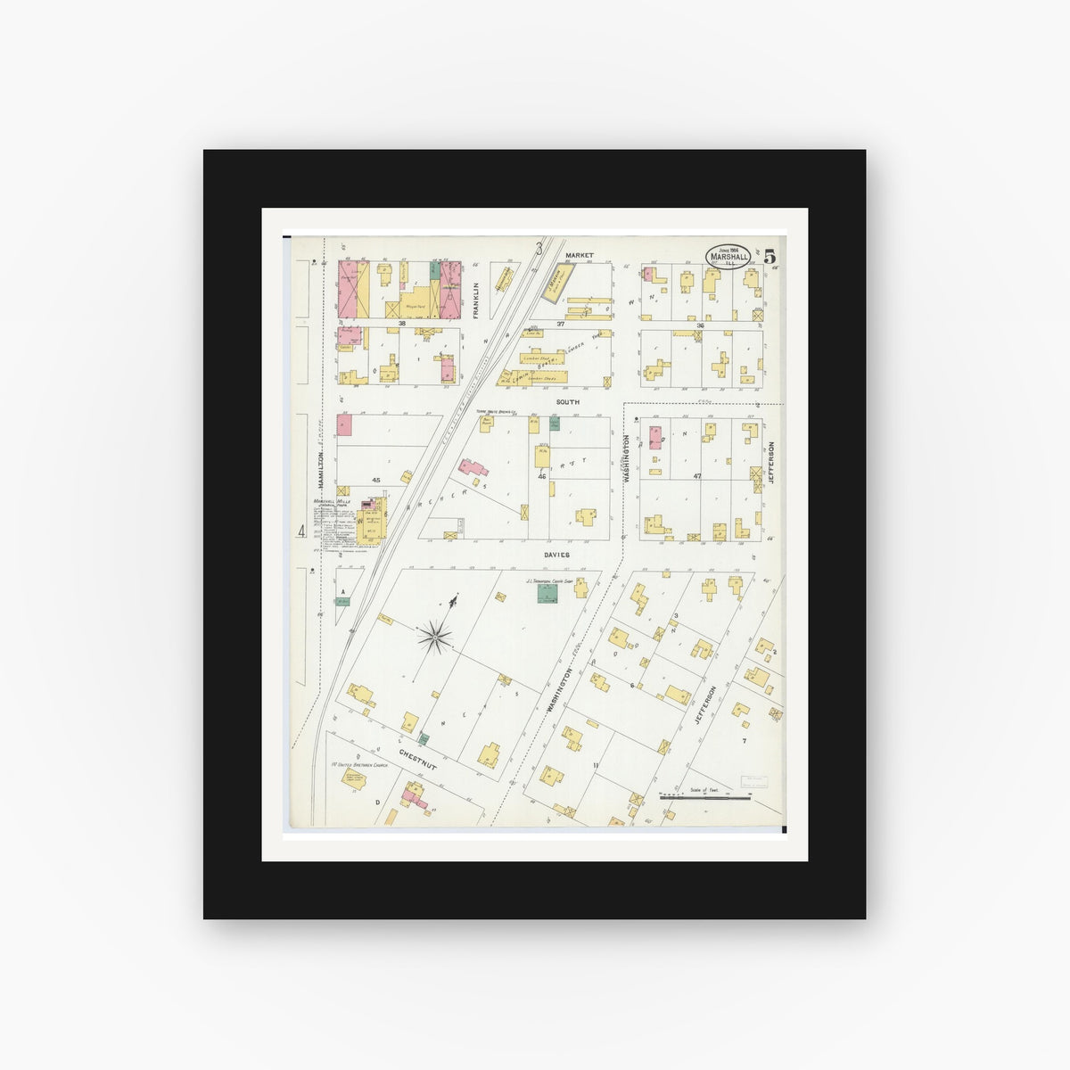 Old map wall art mockup — black gallery frame with white mat — Sanborn Fire Insurance Map from Marshall, Clark County, Illinois (1906), Sheet #0005