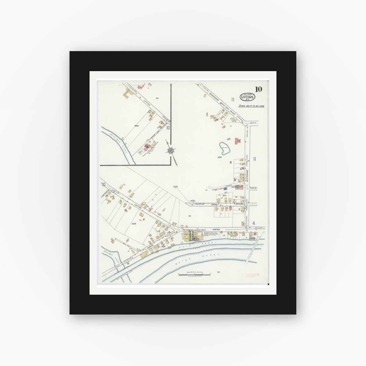 Old map wall art mockup — black gallery frame with white mat — Sanborn Fire Insurance Map from Lyons, Wayne County, New York (1917), Sheet #0010