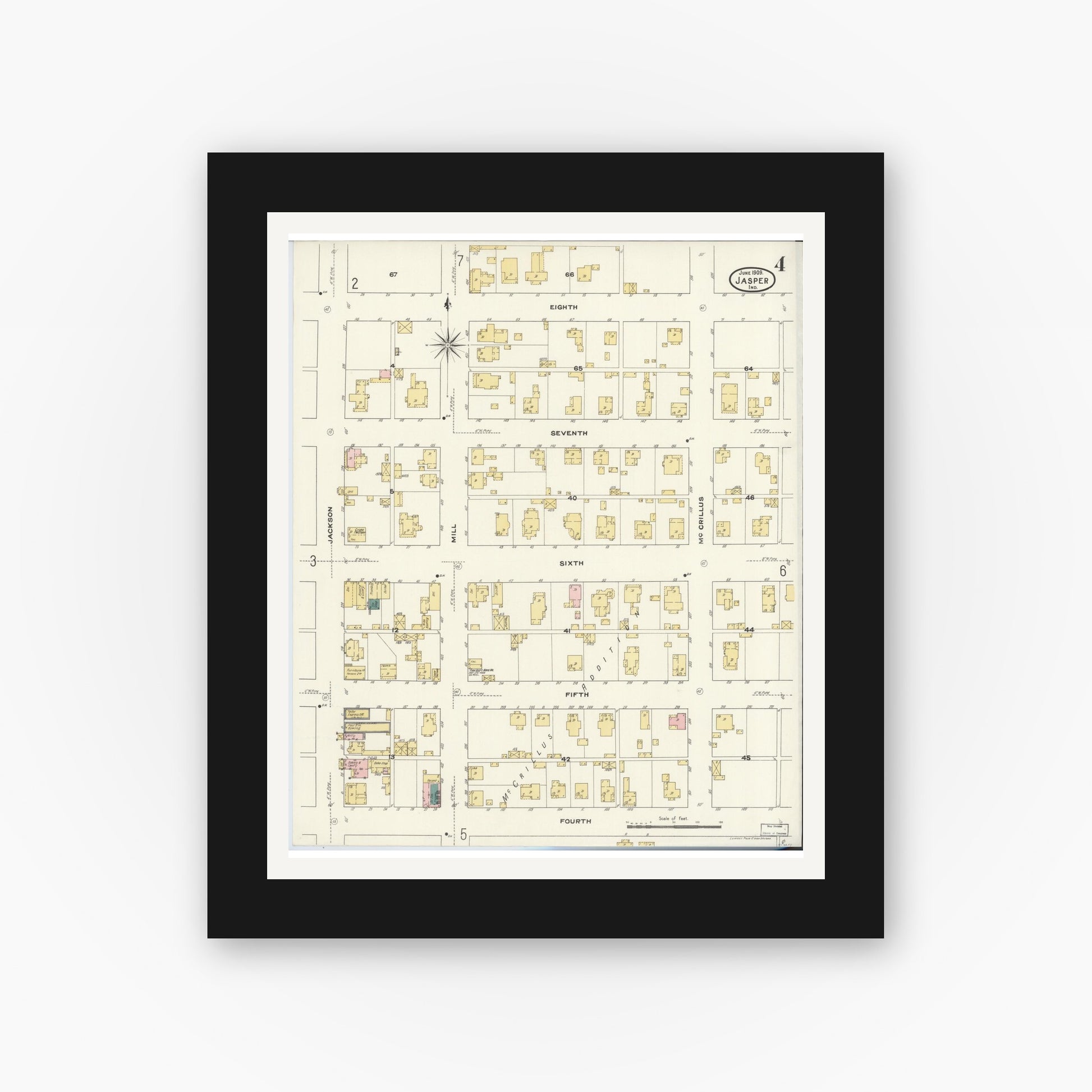 Old map wall art mockup — black gallery frame with white mat — Sanborn Fire Insurance Map from Jasper, Dubois County, Indiana (1909), Sheet #0004