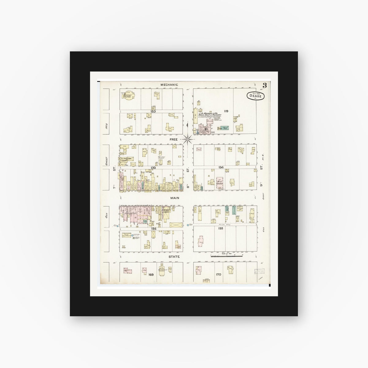 Old map wall art mockup — black gallery frame with white mat — Sanborn Fire Insurance Map from Osage, Mitchell County, Iowa (1888), Sheet #0003