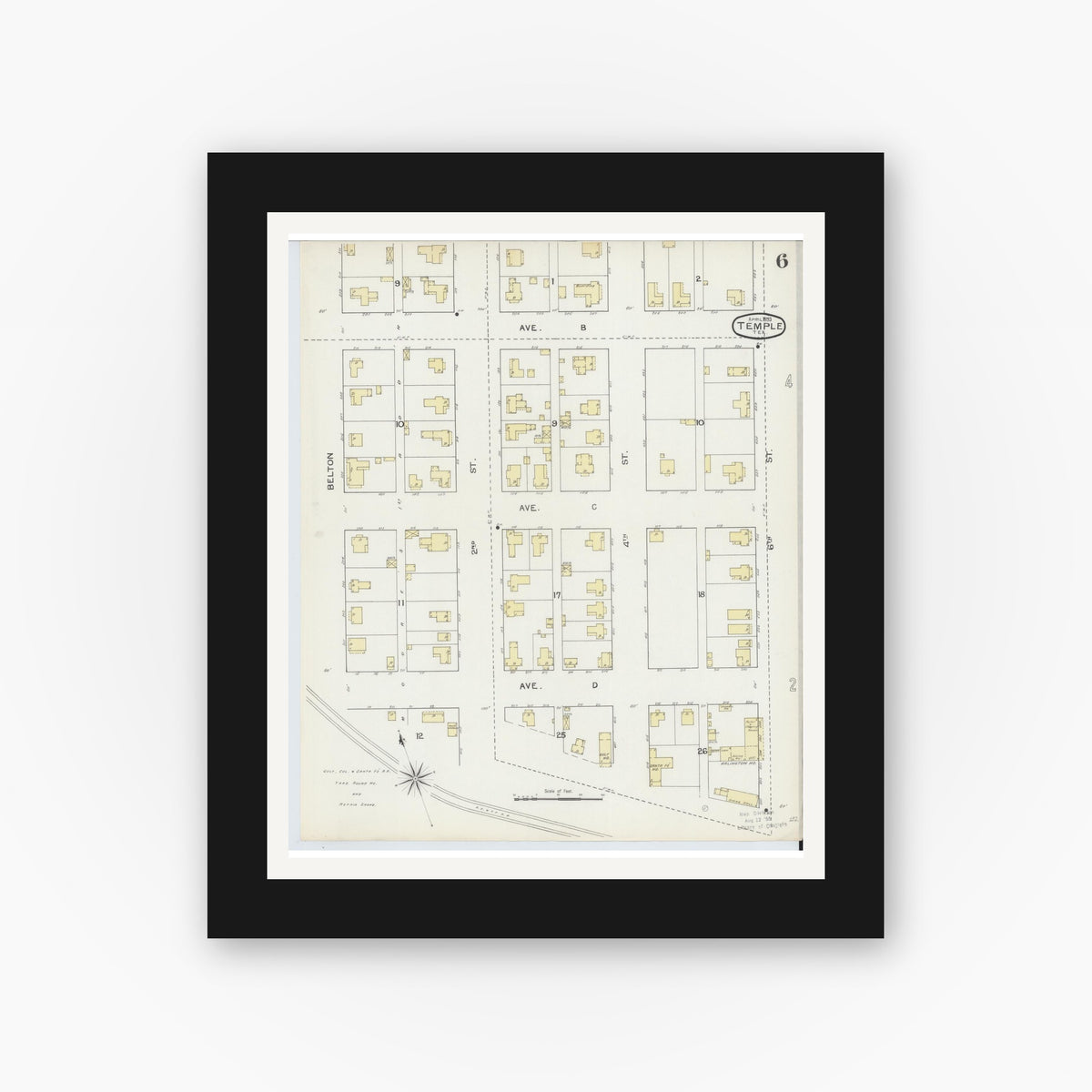 Old map wall art mockup — black gallery frame with white mat — Sanborn Fire Insurance Map from Temple, Bell County, Texas (1893), Sheet #0006