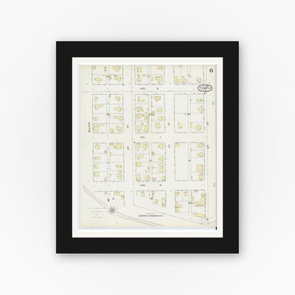 Old map wall art mockup — black gallery frame with white mat — Sanborn Fire Insurance Map from Temple, Bell County, Texas (1893), Sheet #0006