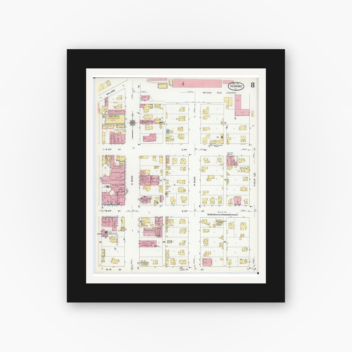 Old map wall art mockup — black gallery frame with white mat — Sanborn Fire Insurance Map from Kewanee, Henry County, Illinois (1910), Sheet #0008