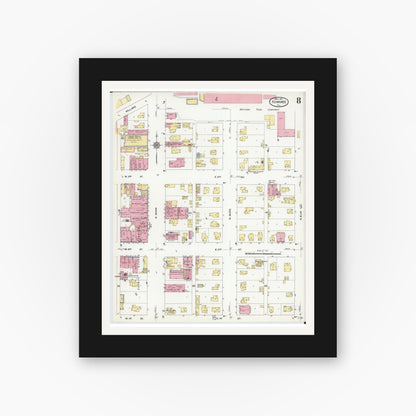 Old map wall art mockup — black gallery frame with white mat — Sanborn Fire Insurance Map from Kewanee, Henry County, Illinois (1910), Sheet #0008