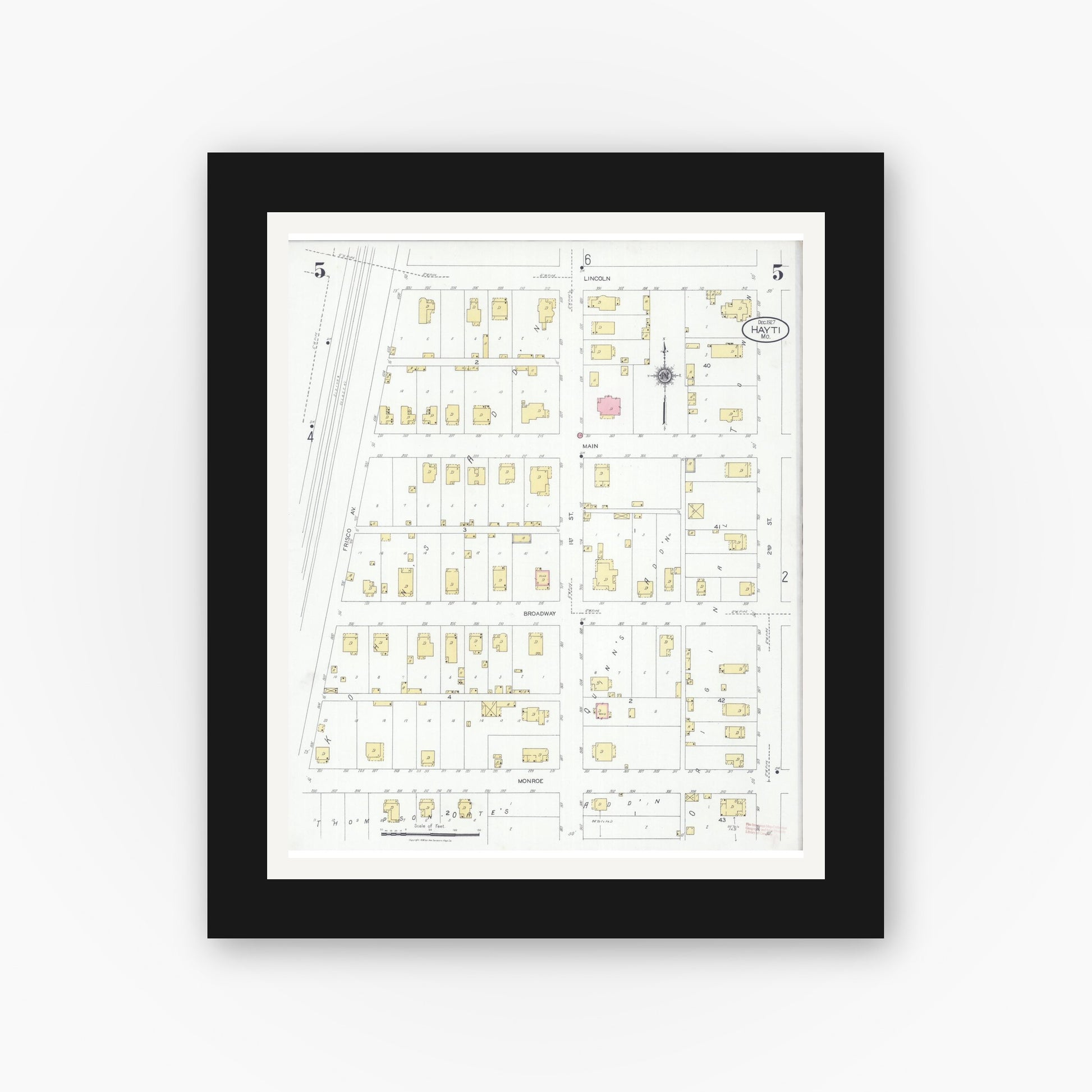 Old map wall art mockup — black gallery frame with white mat — Sanborn Fire Insurance Map from Hayti, Pemiscot County, Missouri (1927), Sheet #0005