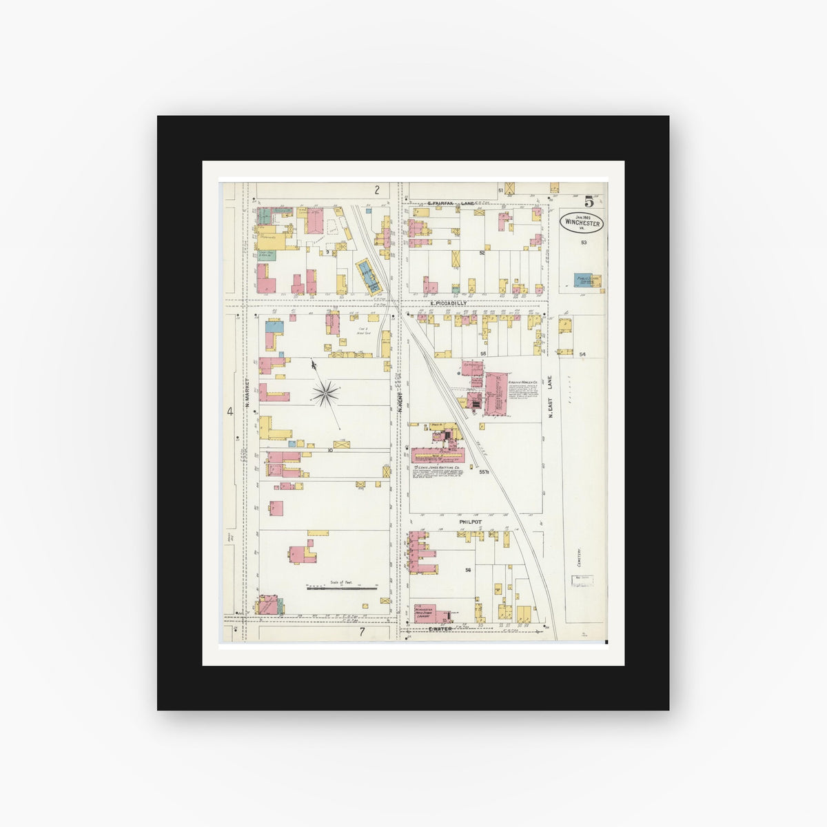 Old map wall art mockup — black gallery frame with white mat — Sanborn Fire Insurance Map from Winchester, Independent Cities, Virginia (1903), Sheet #0005