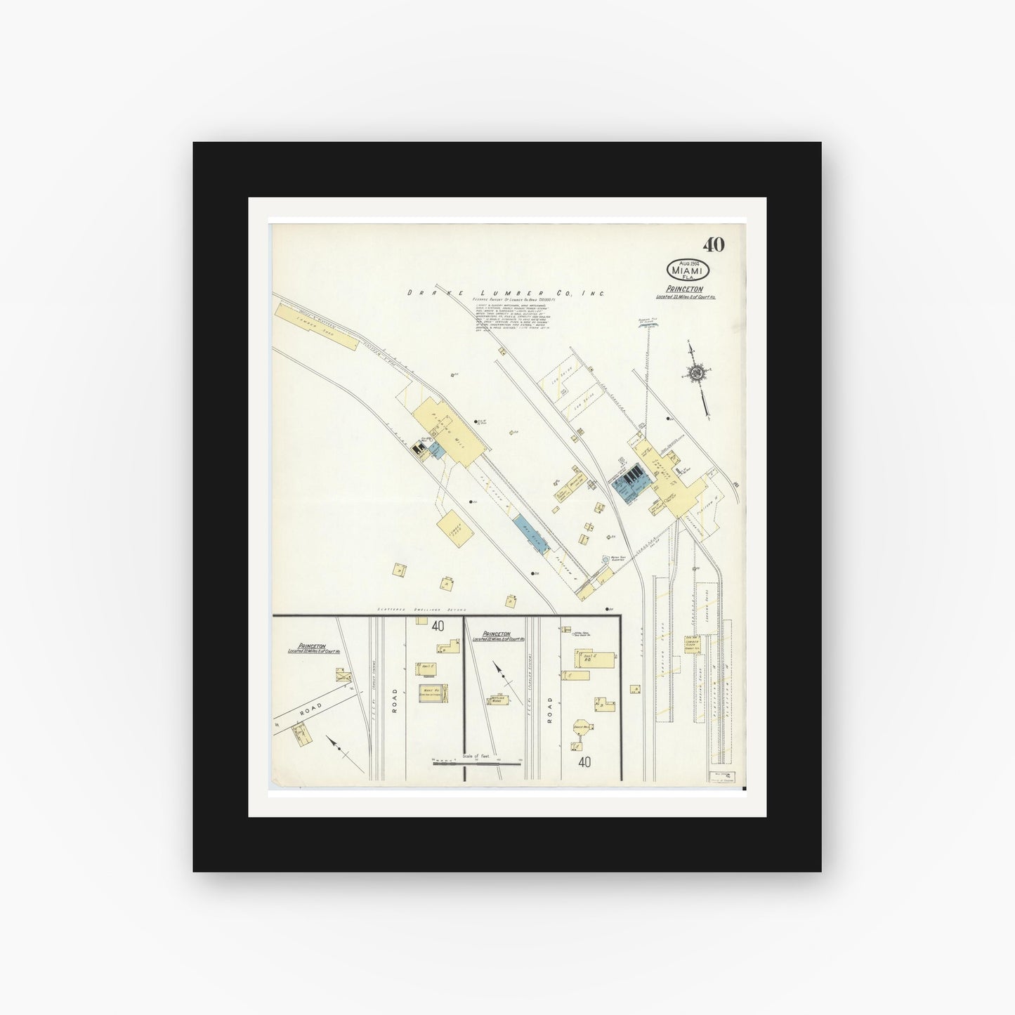 Old map wall art mockup — black gallery frame with white mat — Sanborn Fire Insurance Map from Miami, Dade County, Florida (1914), Sheet #0040