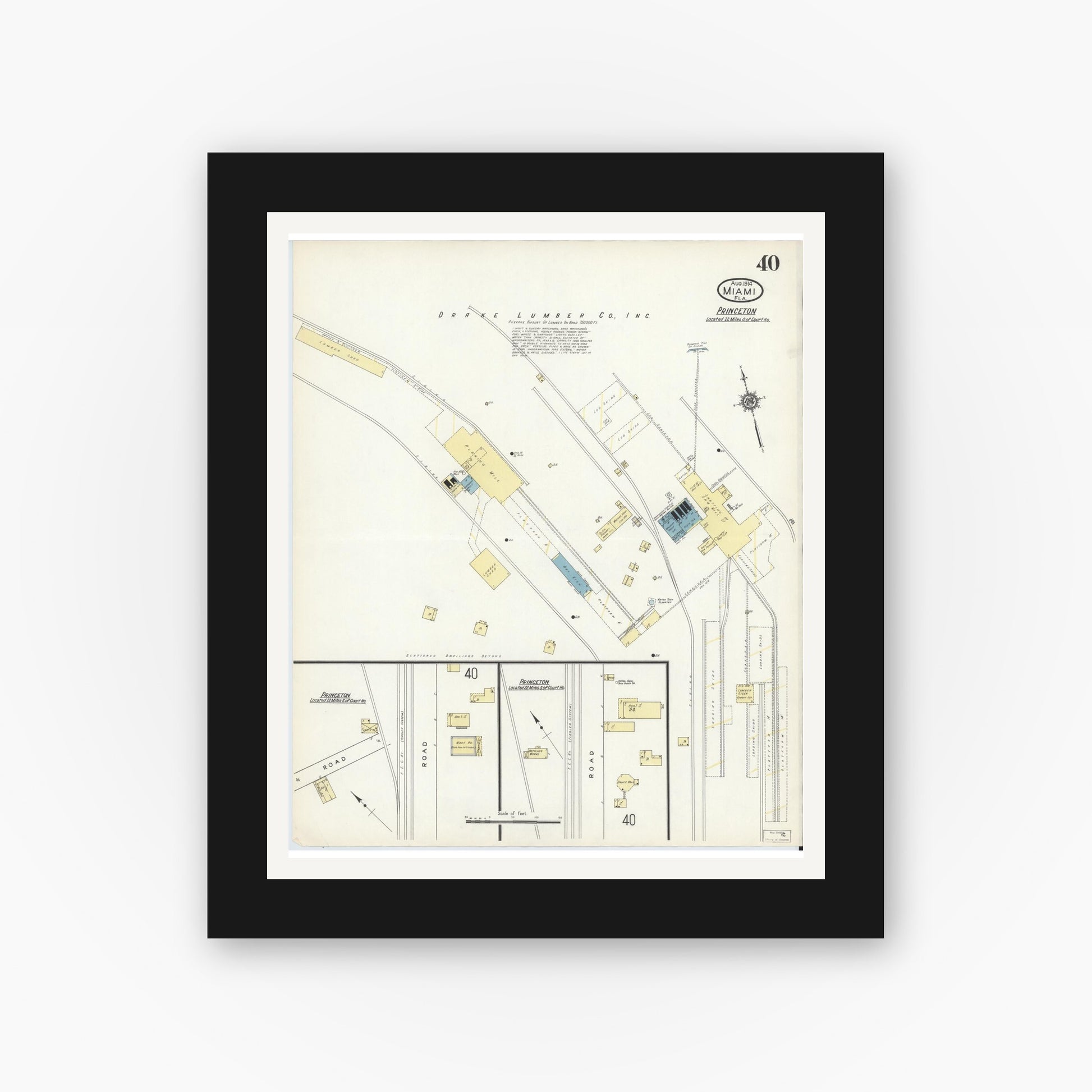 Old map wall art mockup — black gallery frame with white mat — Sanborn Fire Insurance Map from Miami, Dade County, Florida (1914), Sheet #0040