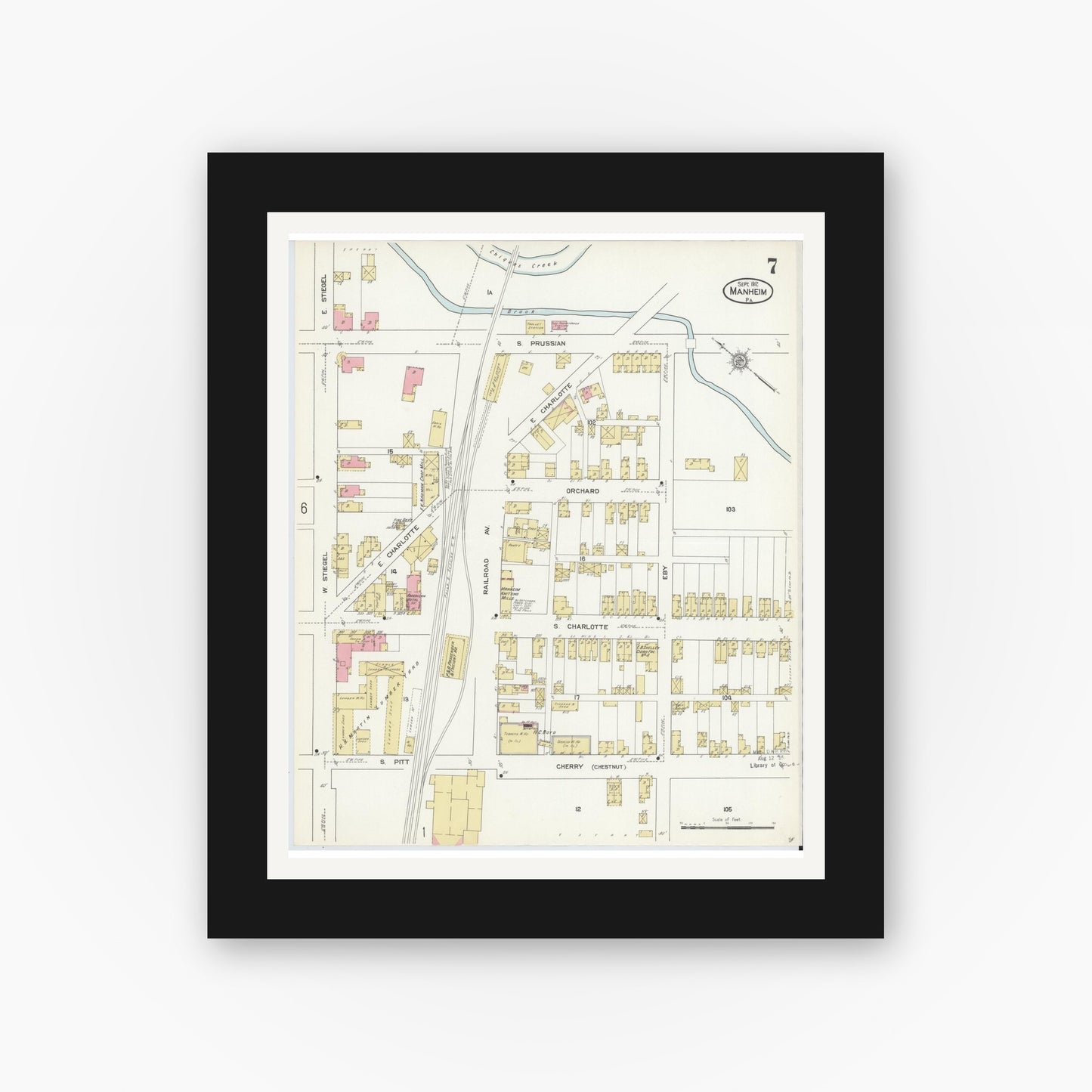 Old map wall art mockup — black gallery frame with white mat — Sanborn Fire Insurance Map from Manheim, Lancaster County, Pennsylvania (1912), Sheet #0007