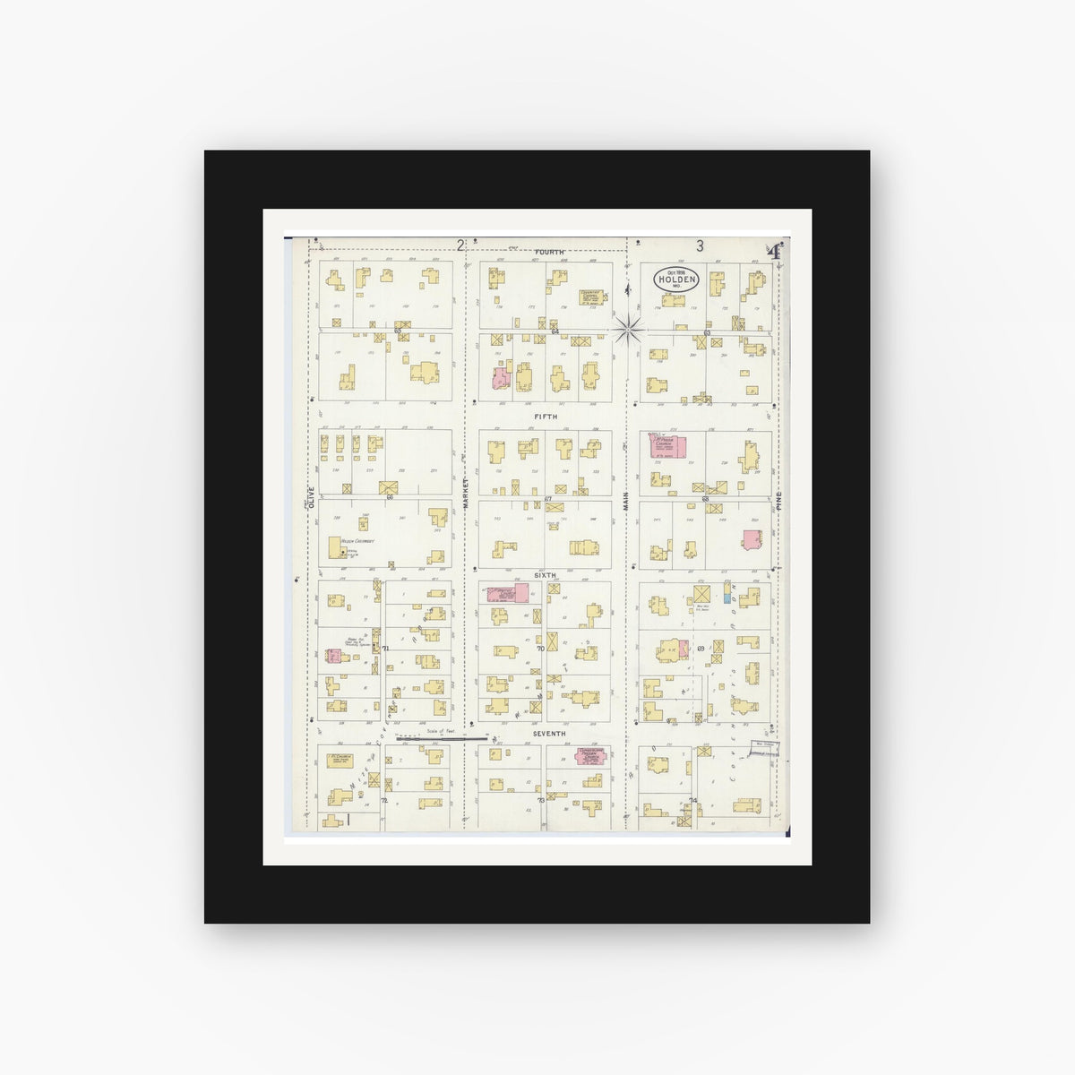 Old map wall art mockup — black gallery frame with white mat — Sanborn Fire Insurance Map from Holden, Johnson County, Missouri (1898), Sheet #0004
