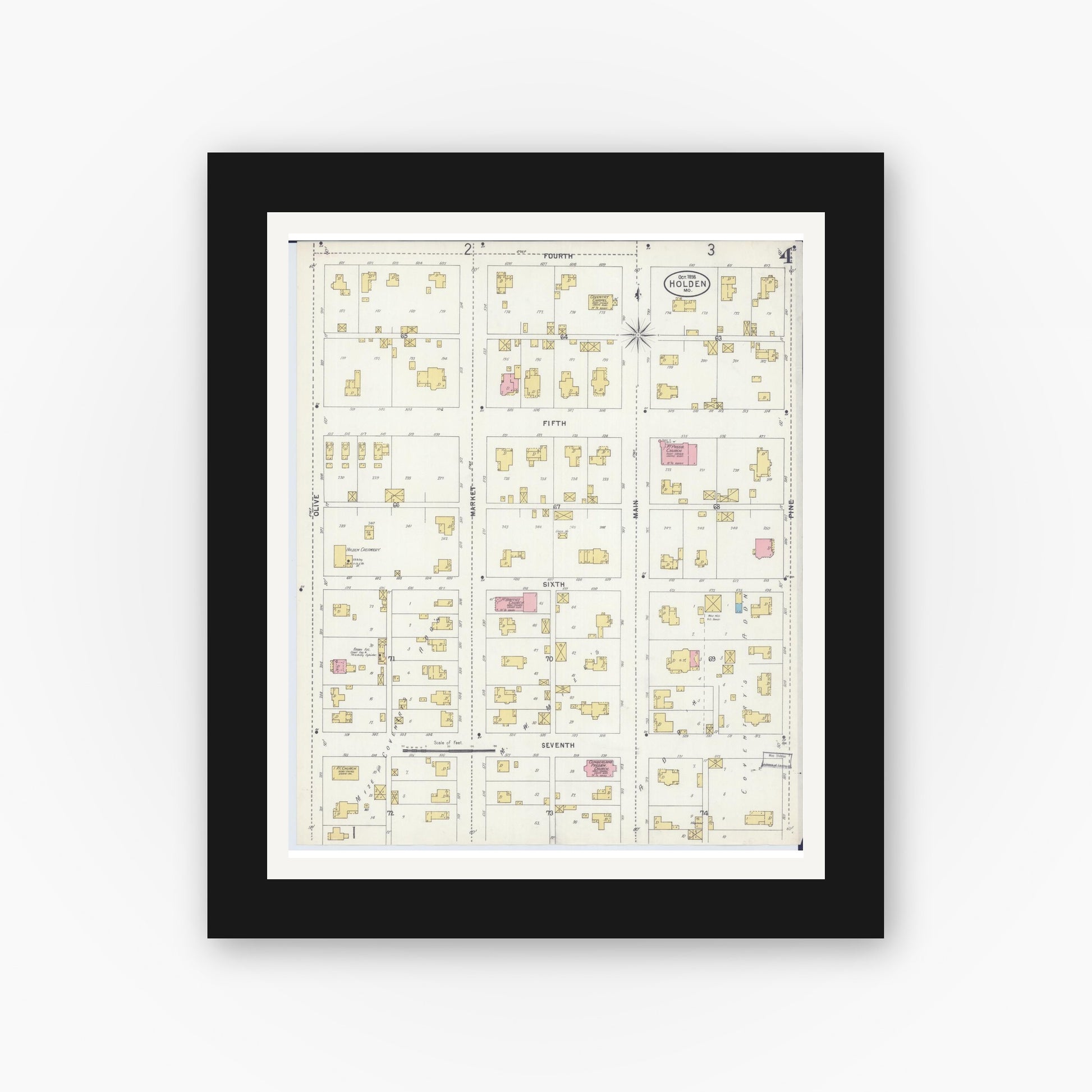 Old map wall art mockup — black gallery frame with white mat — Sanborn Fire Insurance Map from Holden, Johnson County, Missouri (1898), Sheet #0004