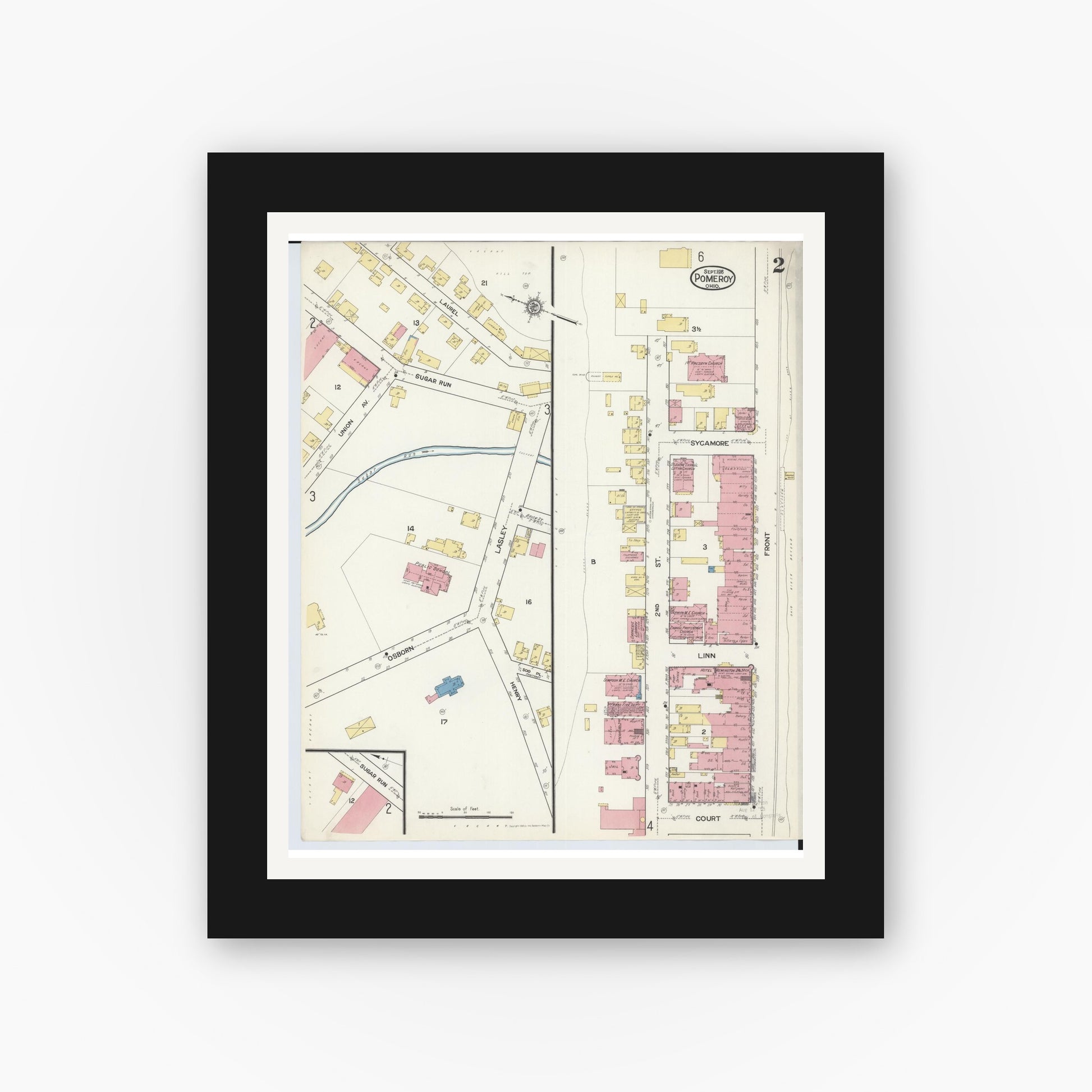 Old map wall art mockup — black gallery frame with white mat — Sanborn Fire Insurance Map from Pomeroy, Meigs County, Ohio (1916), Sheet #0002
