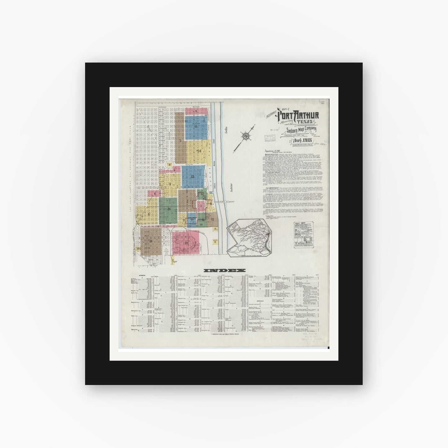 Old map wall art mockup — black gallery frame with white mat — Sanborn Fire Insurance Map from Port Arthur, Jefferson County, Texas (1918) - Complete Map Set