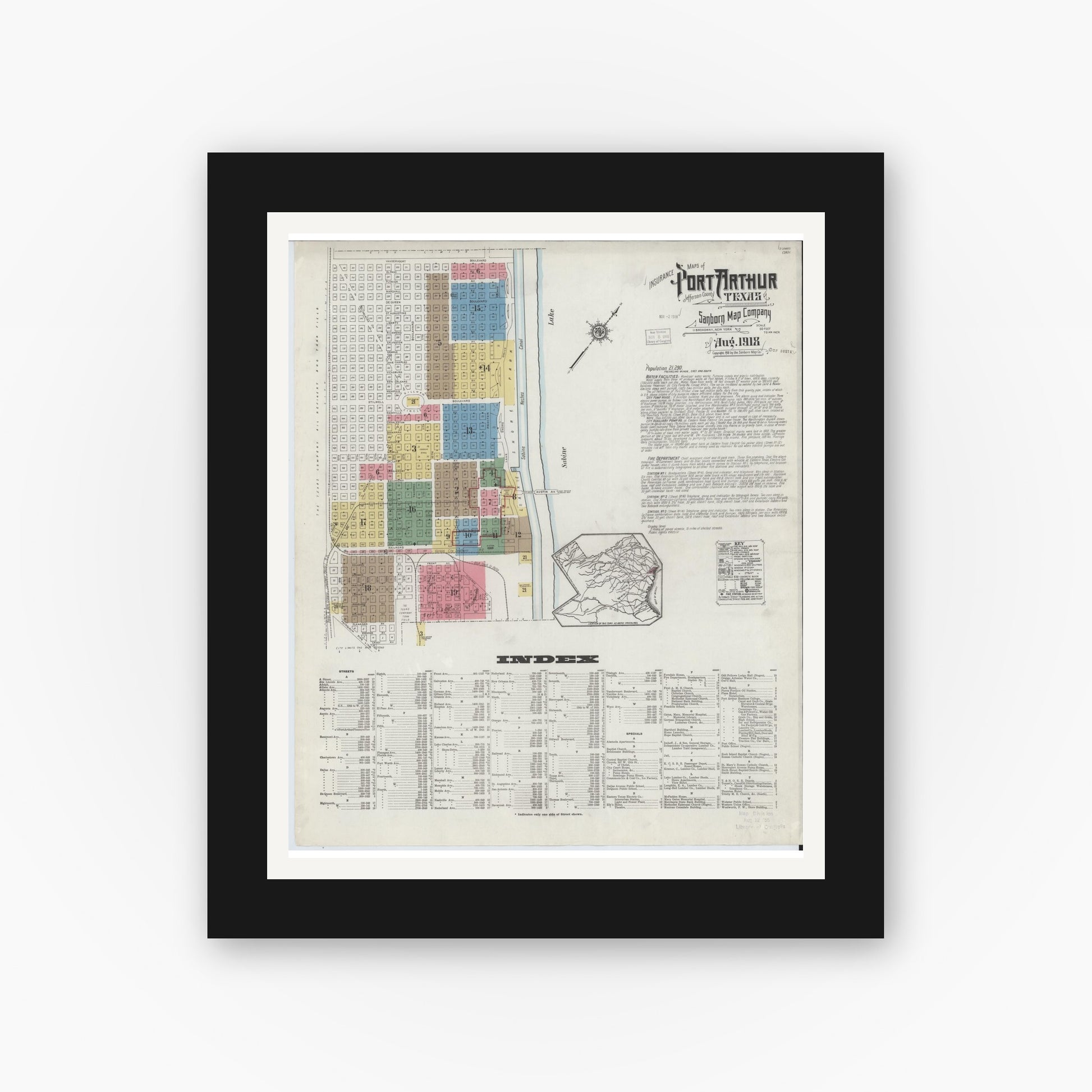 Old map wall art mockup — black gallery frame with white mat — Sanborn Fire Insurance Map from Port Arthur, Jefferson County, Texas (1918) - Complete Map Set