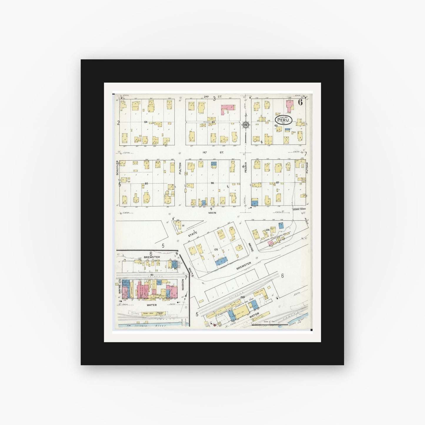 Old map wall art mockup — black gallery frame with white mat — Sanborn Fire Insurance Map from Peru, La Salle County, Illinois (1916), Sheet #0006