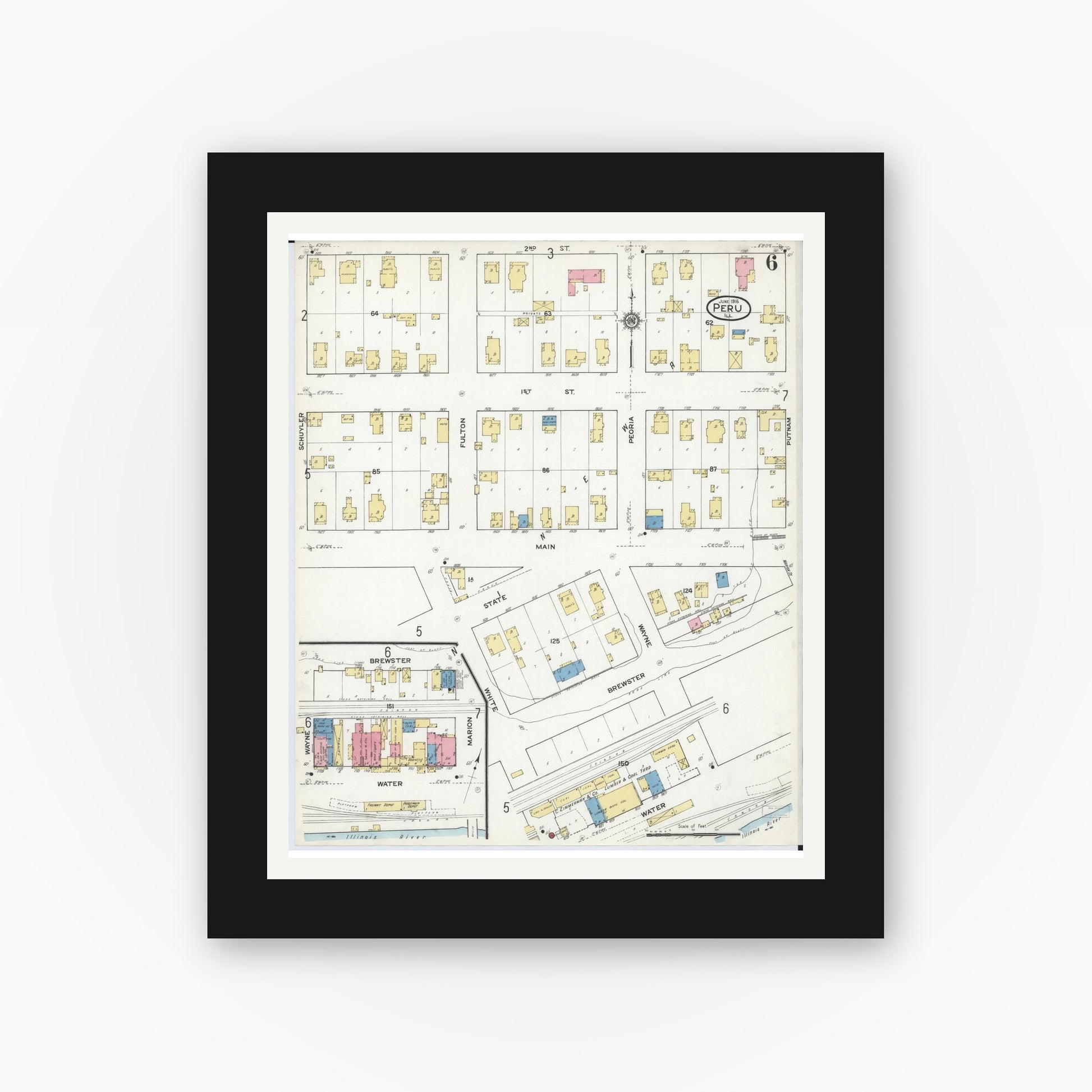 Old map wall art mockup — black gallery frame with white mat — Sanborn Fire Insurance Map from Peru, La Salle County, Illinois (1916), Sheet #0006