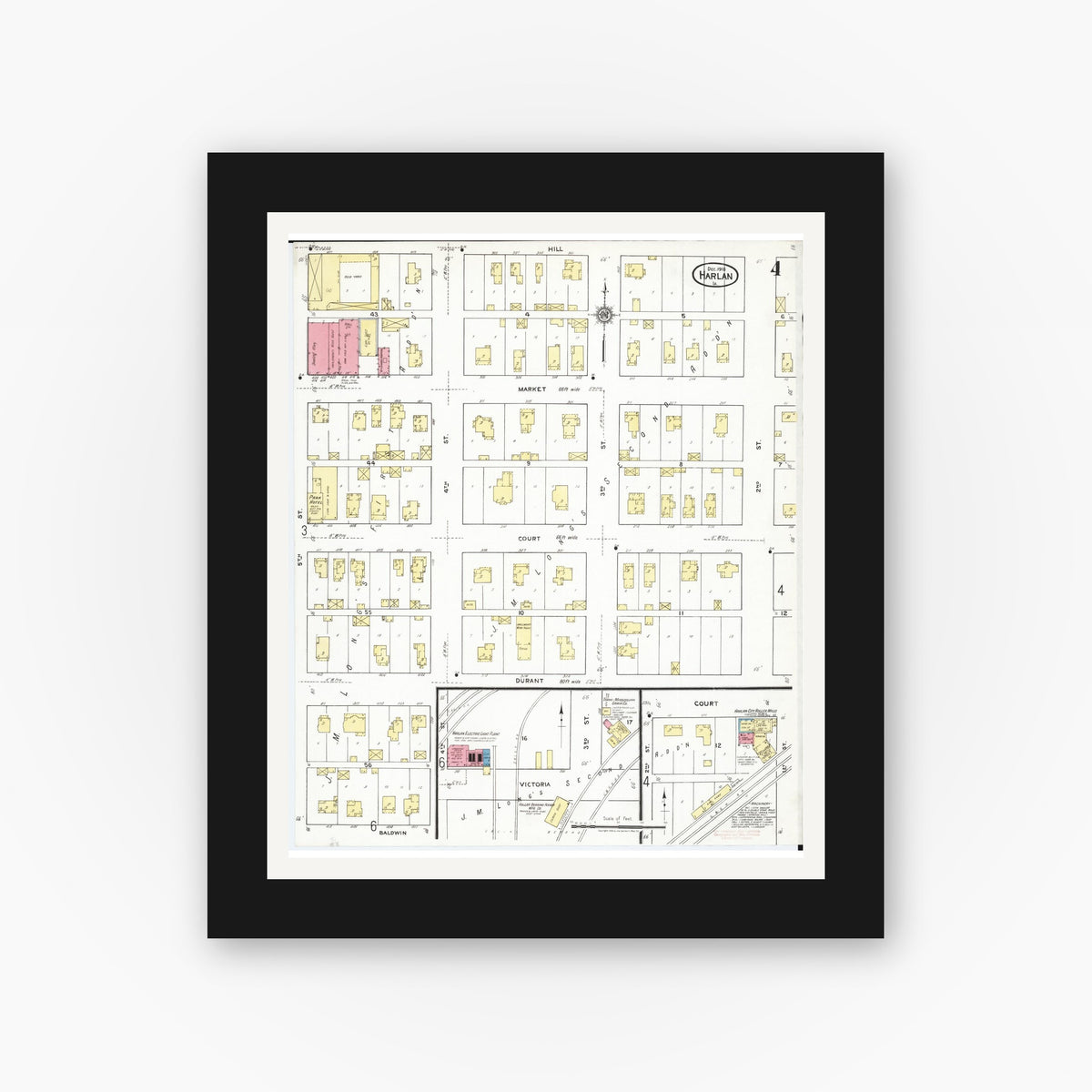 Old map wall art mockup — black gallery frame with white mat — Sanborn Fire Insurance Map from Harlan, Shelby County, Iowa (1918), Sheet #0004