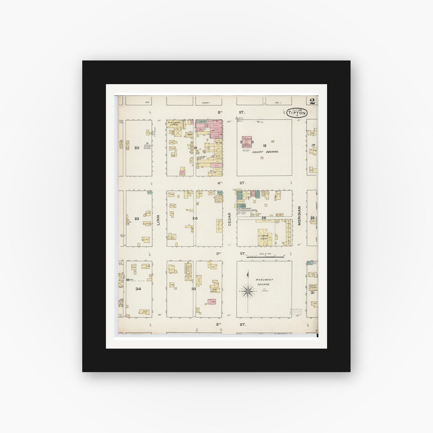 Old map wall art mockup — black gallery frame with white mat — Sanborn Fire Insurance Map from Tipton, Cedar County, Iowa (1888), Sheet #0002
