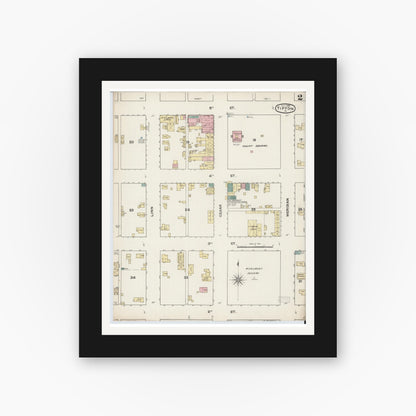 Old map wall art mockup — black gallery frame with white mat — Sanborn Fire Insurance Map from Tipton, Cedar County, Iowa (1888), Sheet #0002