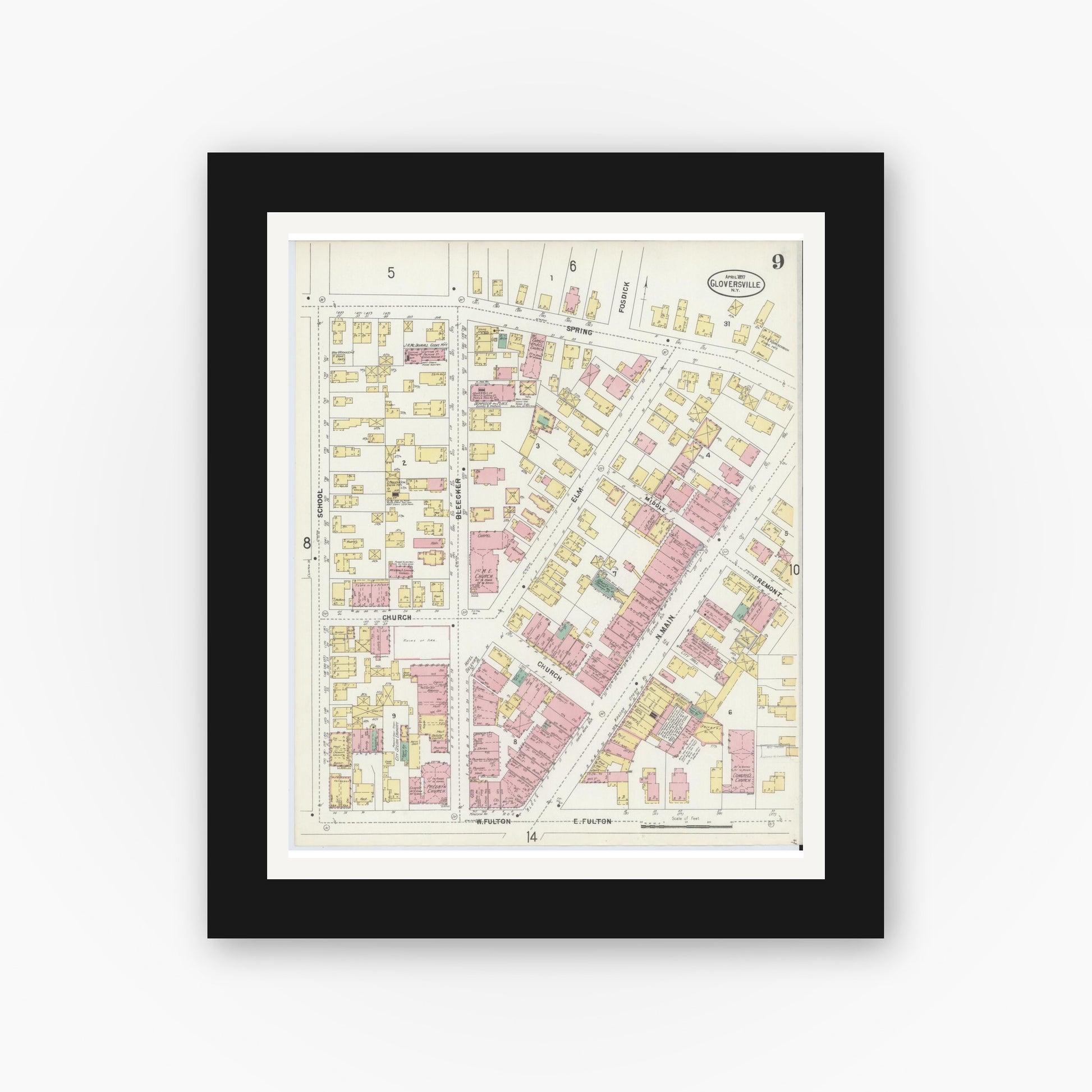Old map wall art mockup — black gallery frame with white mat — Sanborn Fire Insurance Map from Gloversville, Fulton County, New York (1897), Sheet #0009
