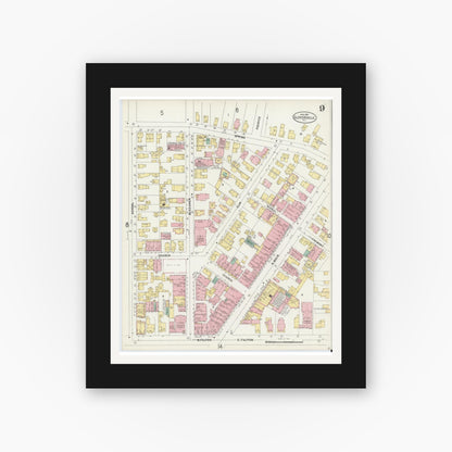 Old map wall art mockup — black gallery frame with white mat — Sanborn Fire Insurance Map from Gloversville, Fulton County, New York (1897), Sheet #0009