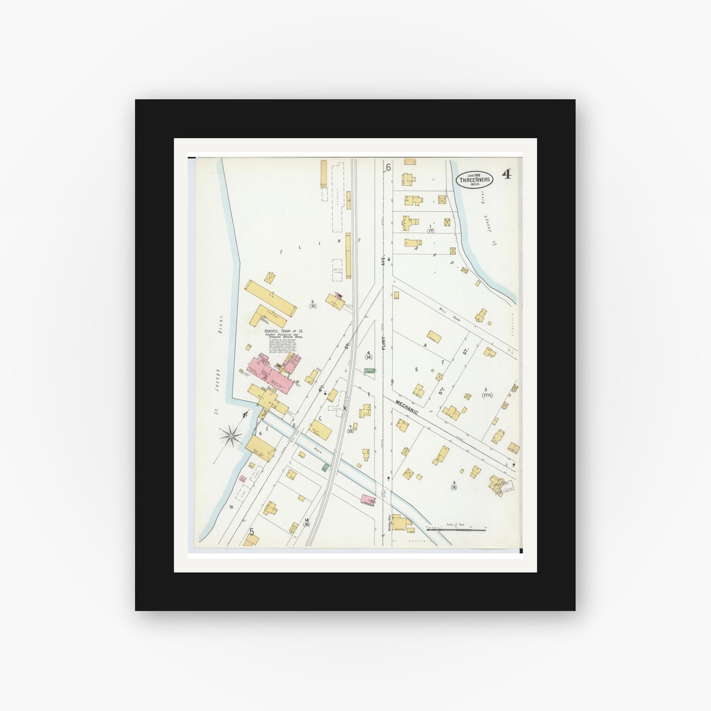 Old map wall art mockup — black gallery frame with white mat — Sanborn Fire Insurance Map from Three Rivers, Saint Joseph County, Michigan (1899), Sheet #0004