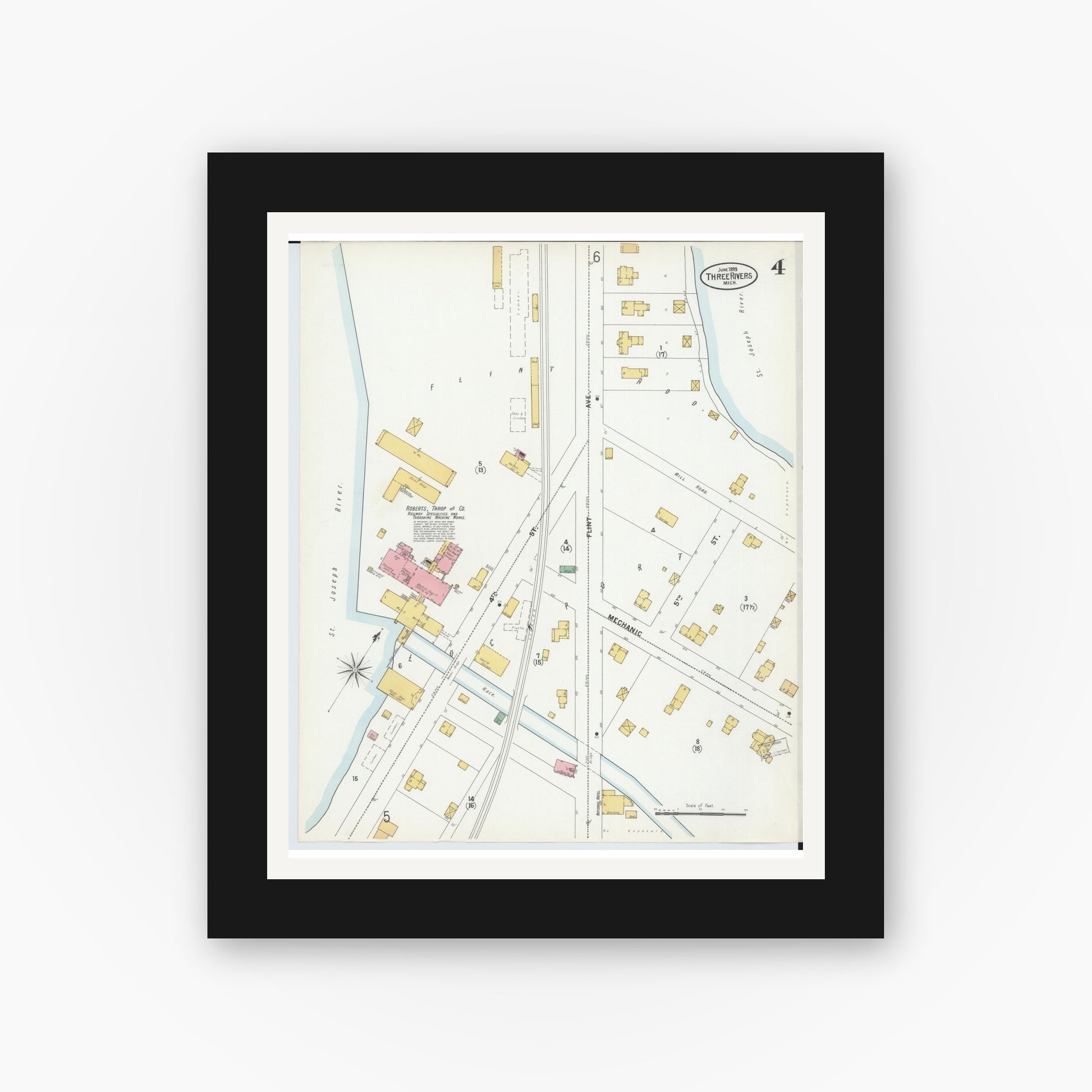 Old map wall art mockup — black gallery frame with white mat — Sanborn Fire Insurance Map from Three Rivers, Saint Joseph County, Michigan (1899), Sheet #0004