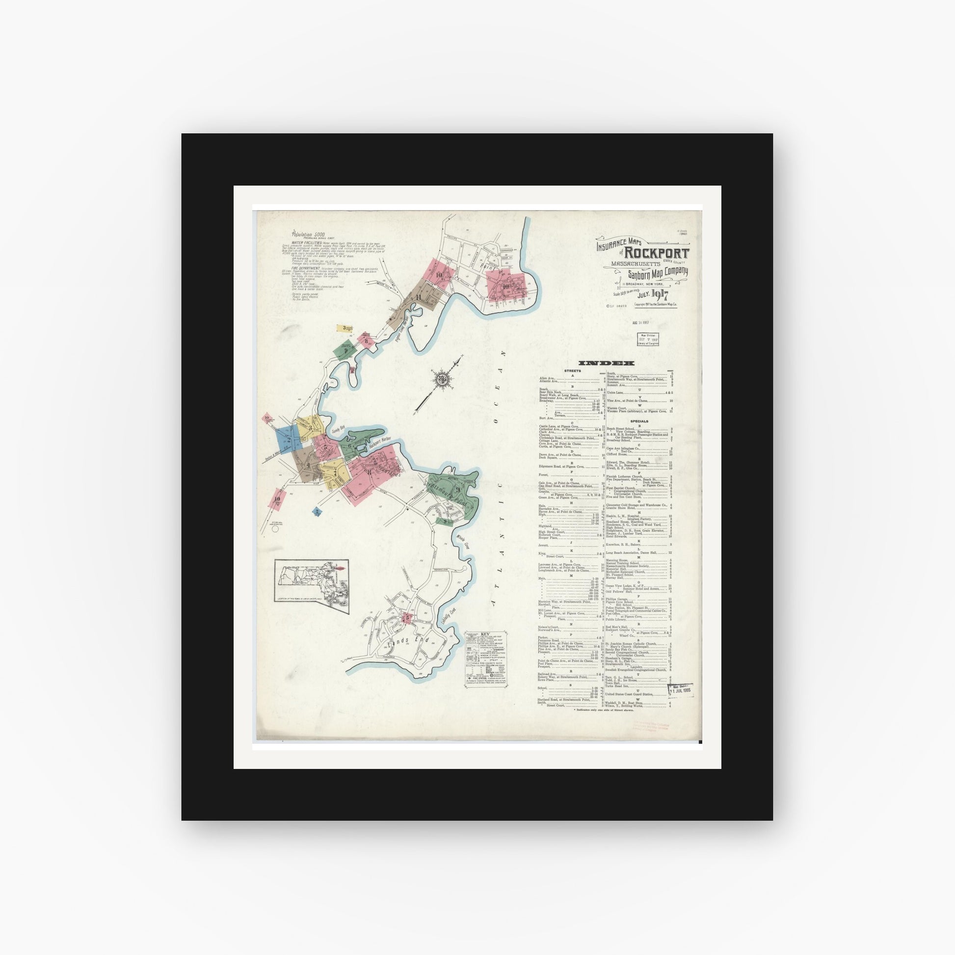 Old map wall art mockup — black gallery frame with white mat — Sanborn Fire Insurance Map from Rockport, Essex County, Massachusetts (1917) - Complete Map Set