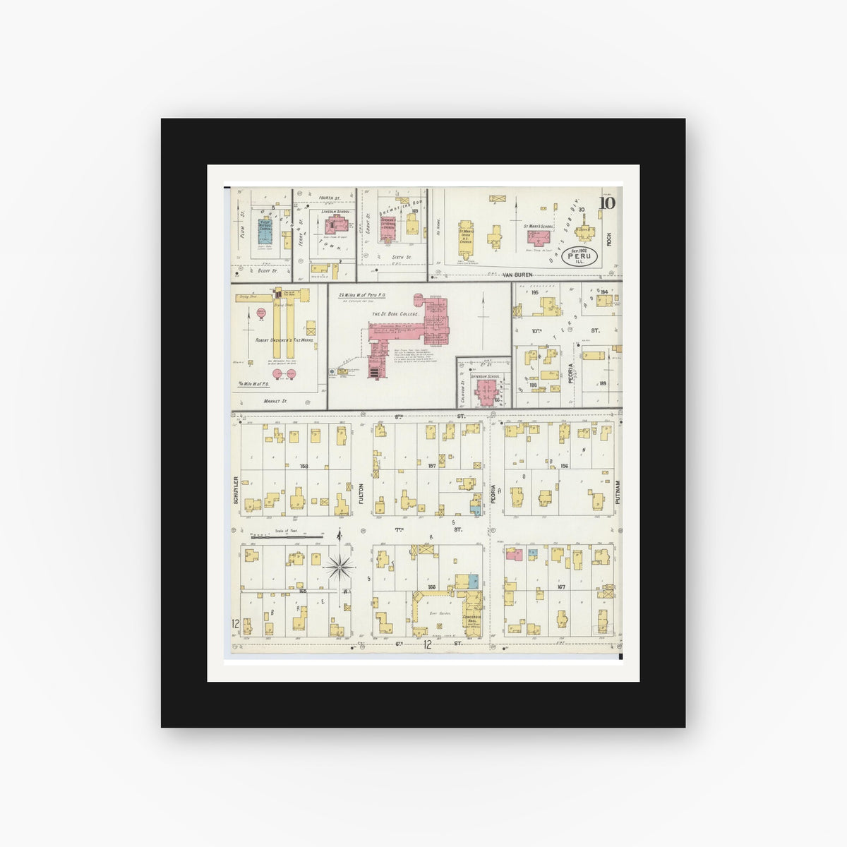 Old map wall art mockup — black gallery frame with white mat — Sanborn Fire Insurance Map from Peru, La Salle County, Illinois (1902), Sheet #0010