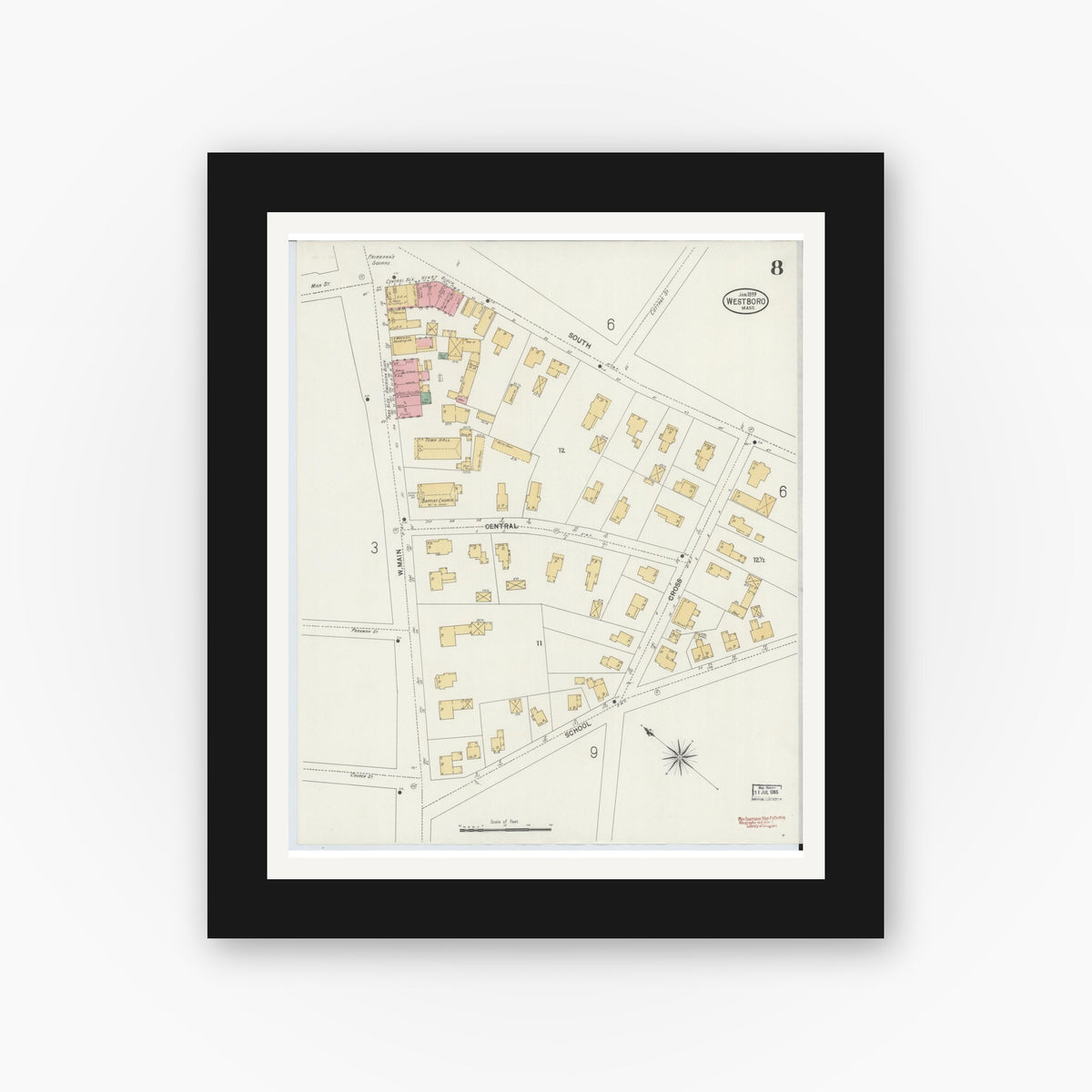Old map wall art mockup — black gallery frame with white mat — Sanborn Fire Insurance Map from Westboro, Worcester County, Massachusetts (1899), Sheet #0008