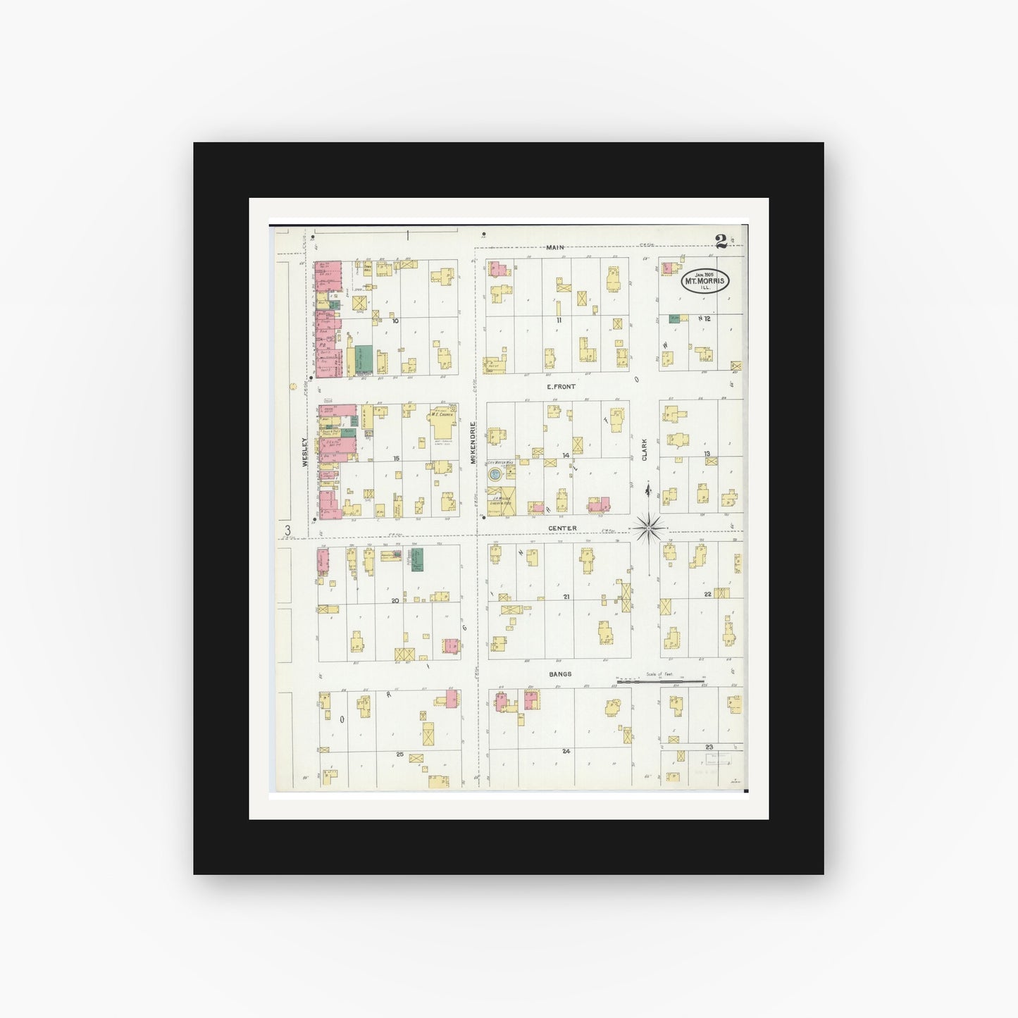 Old map wall art mockup — black gallery frame with white mat — Sanborn Fire Insurance Map from Mount Morris, Ogle County, Illinois (1905), Sheet #0002