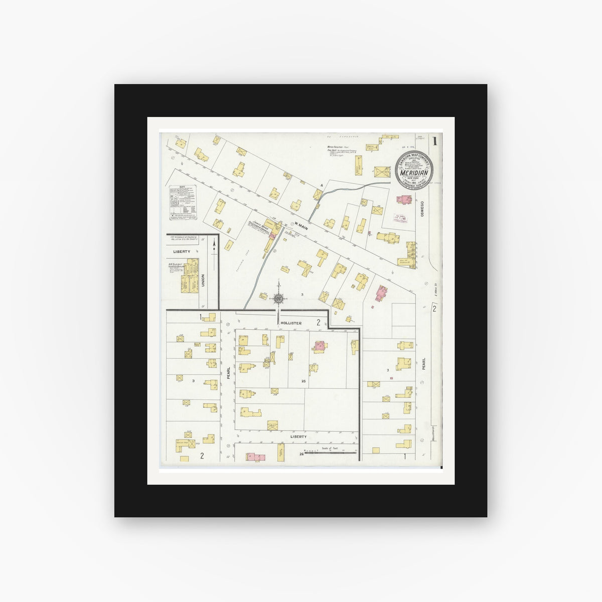 Old map wall art mockup — black gallery frame with white mat — Sanborn Fire Insurance Map from Meridian, Cayuga County, New York (1911) - Complete Map Set