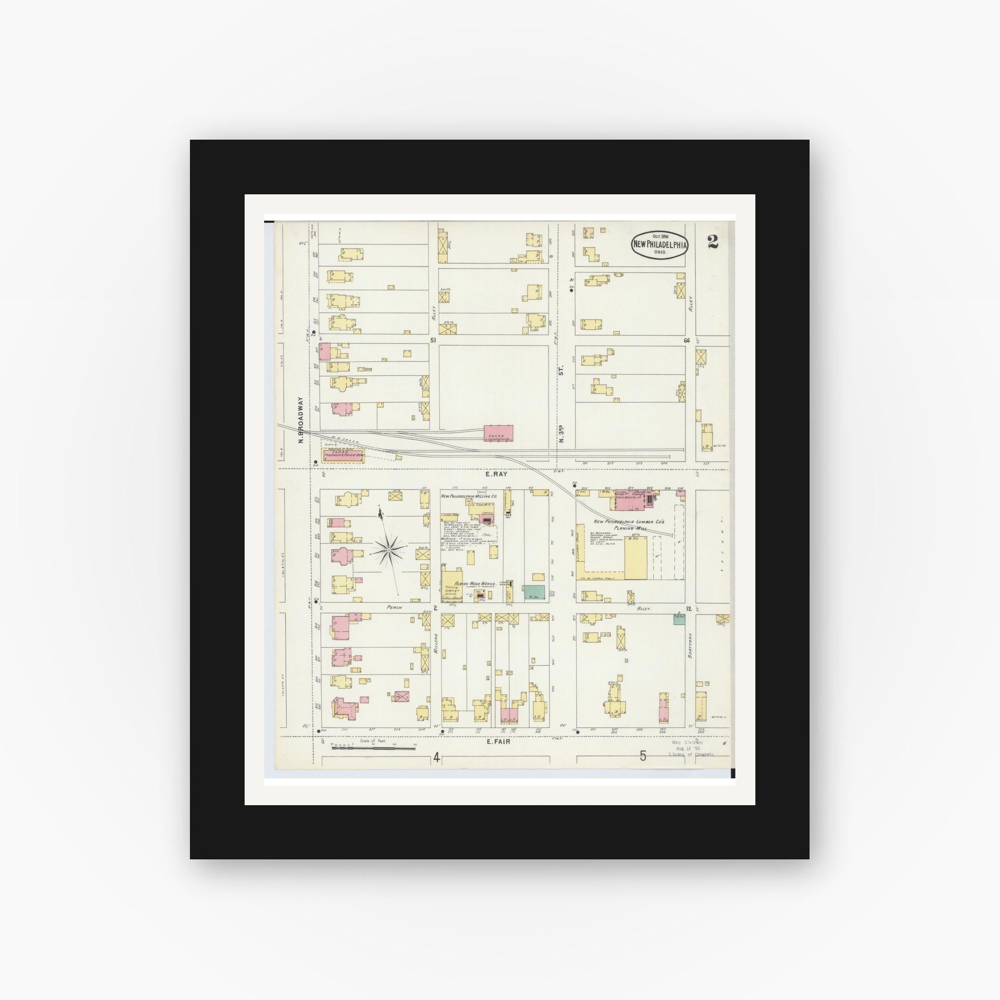 Old map wall art mockup — black gallery frame with white mat — Sanborn Fire Insurance Map from New Philadelphia, Tuscarawas County, Ohio (1896), Sheet #0002