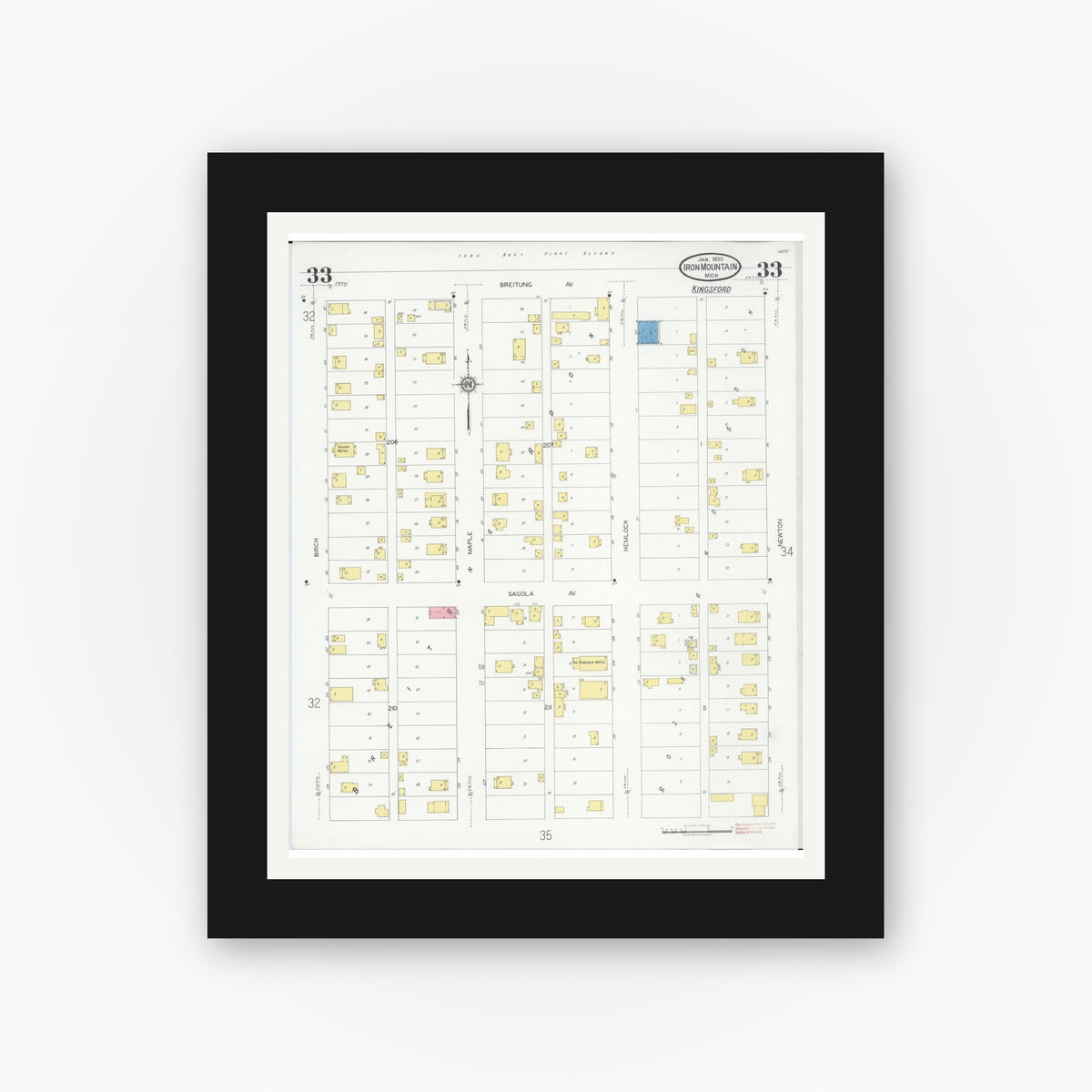 Old map wall art mockup — black gallery frame with white mat — Sanborn Fire Insurance Map from Iron Mountain, Dickinson County, Michigan (1930), Sheet #0033