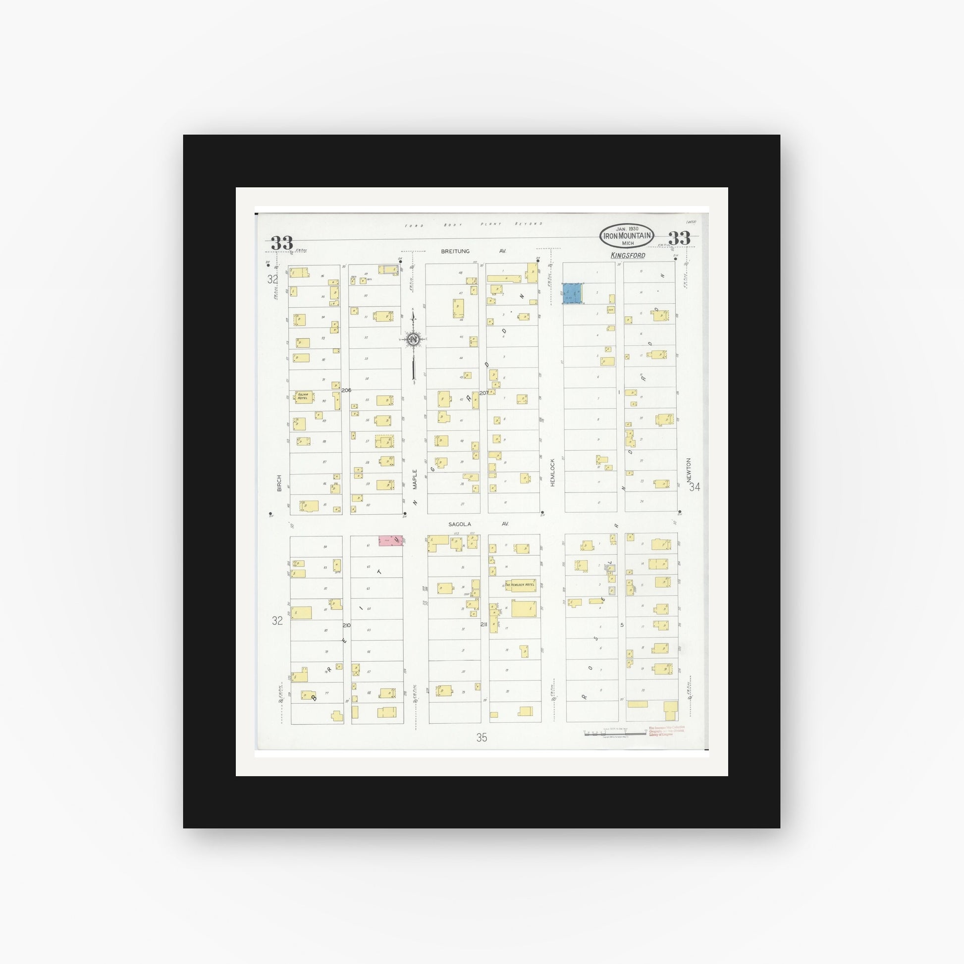 Old map wall art mockup — black gallery frame with white mat — Sanborn Fire Insurance Map from Iron Mountain, Dickinson County, Michigan (1930), Sheet #0033
