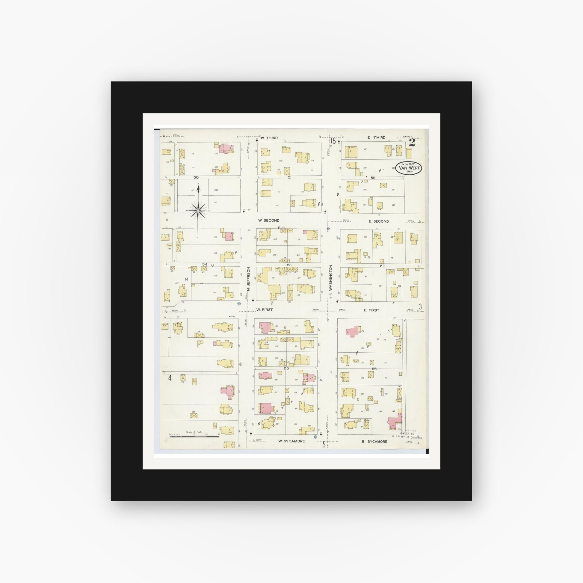 Old map wall art mockup — black gallery frame with white mat — Sanborn Fire Insurance Map from Van Wert, Van Wert County, Ohio (1907), Sheet #0002