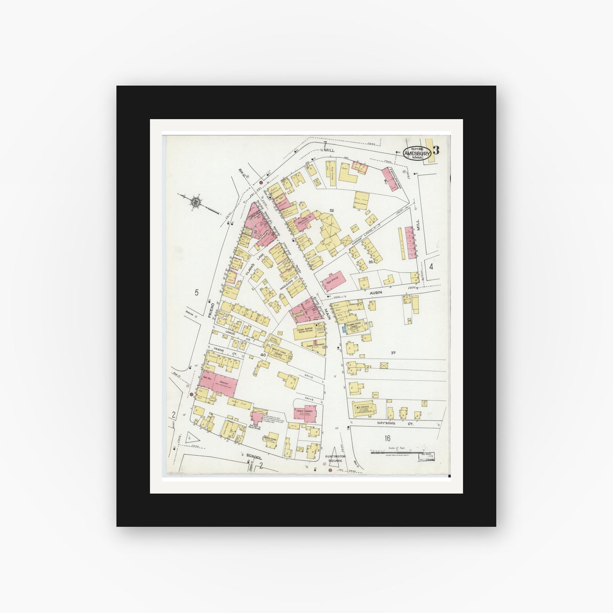 Old map wall art mockup — black gallery frame with white mat — Sanborn Fire Insurance Map from Amesbury, Essex County, Massachusetts (1918), Sheet #0003