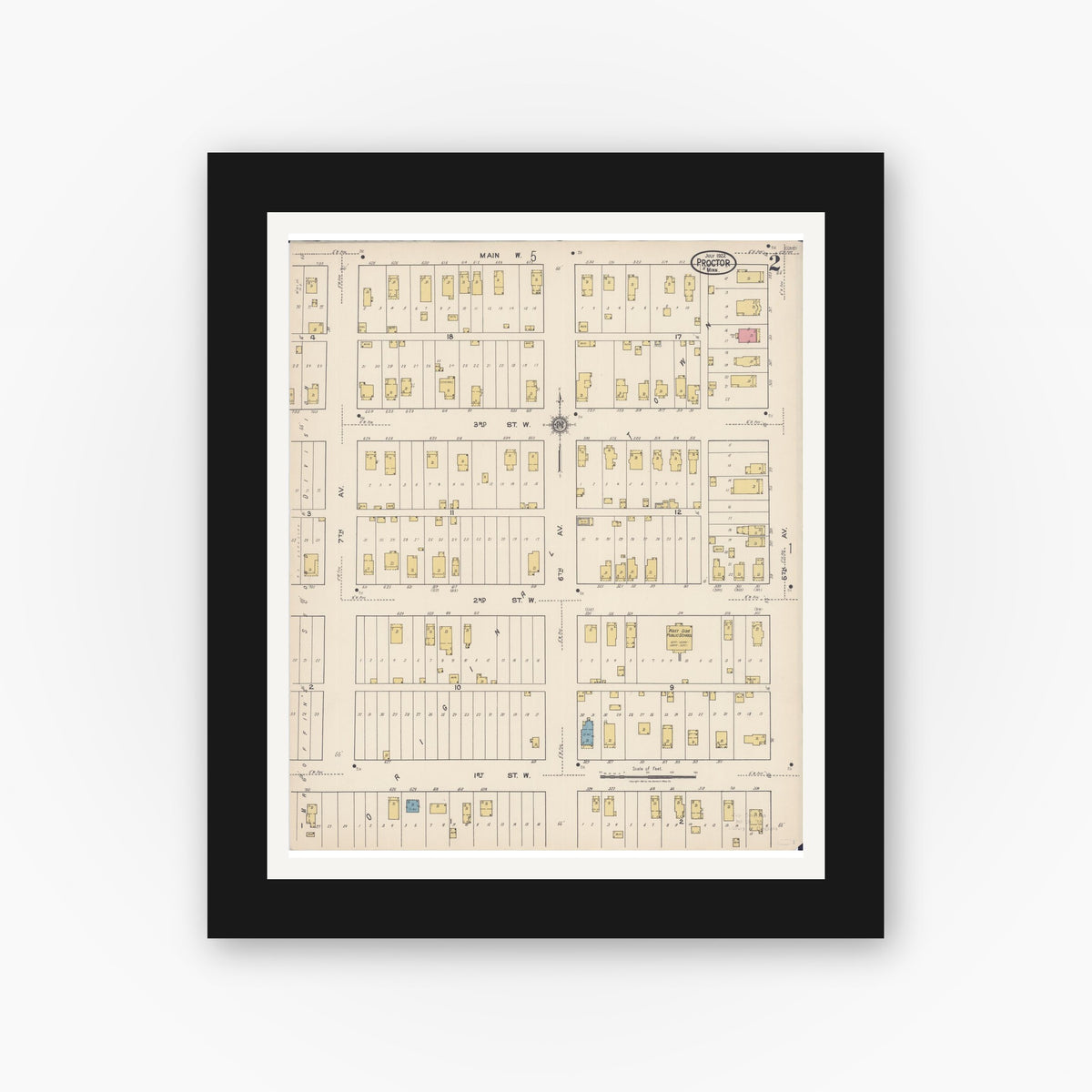 Old map wall art mockup — black gallery frame with white mat — Sanborn Fire Insurance Map from Proctor, Saint Louis County, Minnesota (1922), Sheet #0002