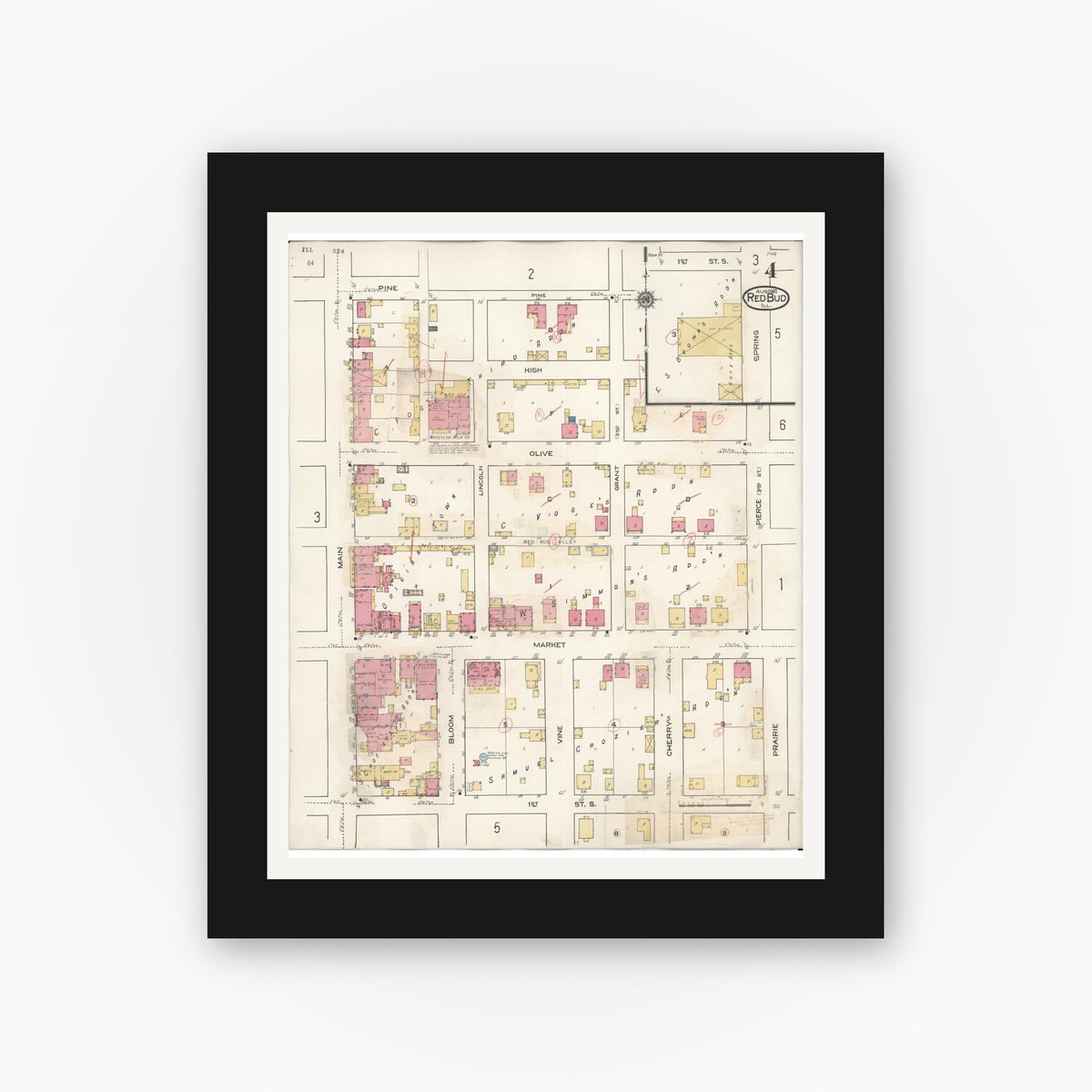 Old map wall art mockup — black gallery frame with white mat — Sanborn Fire Insurance Map from Red Bud, Randolph County, Illinois (1932), Sheet #0004
