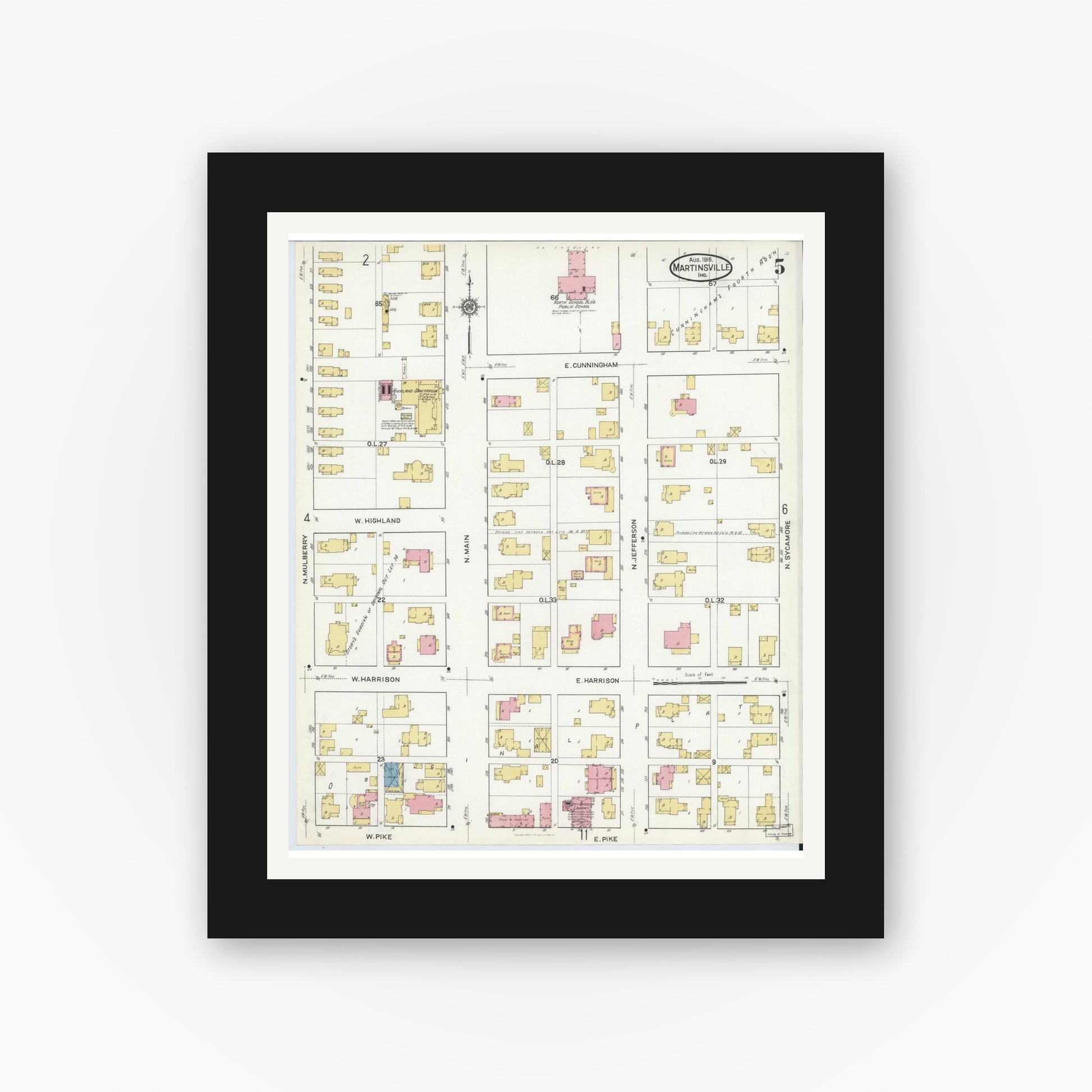 Old map wall art mockup — black gallery frame with white mat — Sanborn Fire Insurance Map from Martinsville, Morgan County, Indiana (1916), Sheet #0005