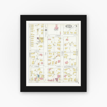 Old map wall art mockup — black gallery frame with white mat — Sanborn Fire Insurance Map from Martinsville, Morgan County, Indiana (1916), Sheet #0005