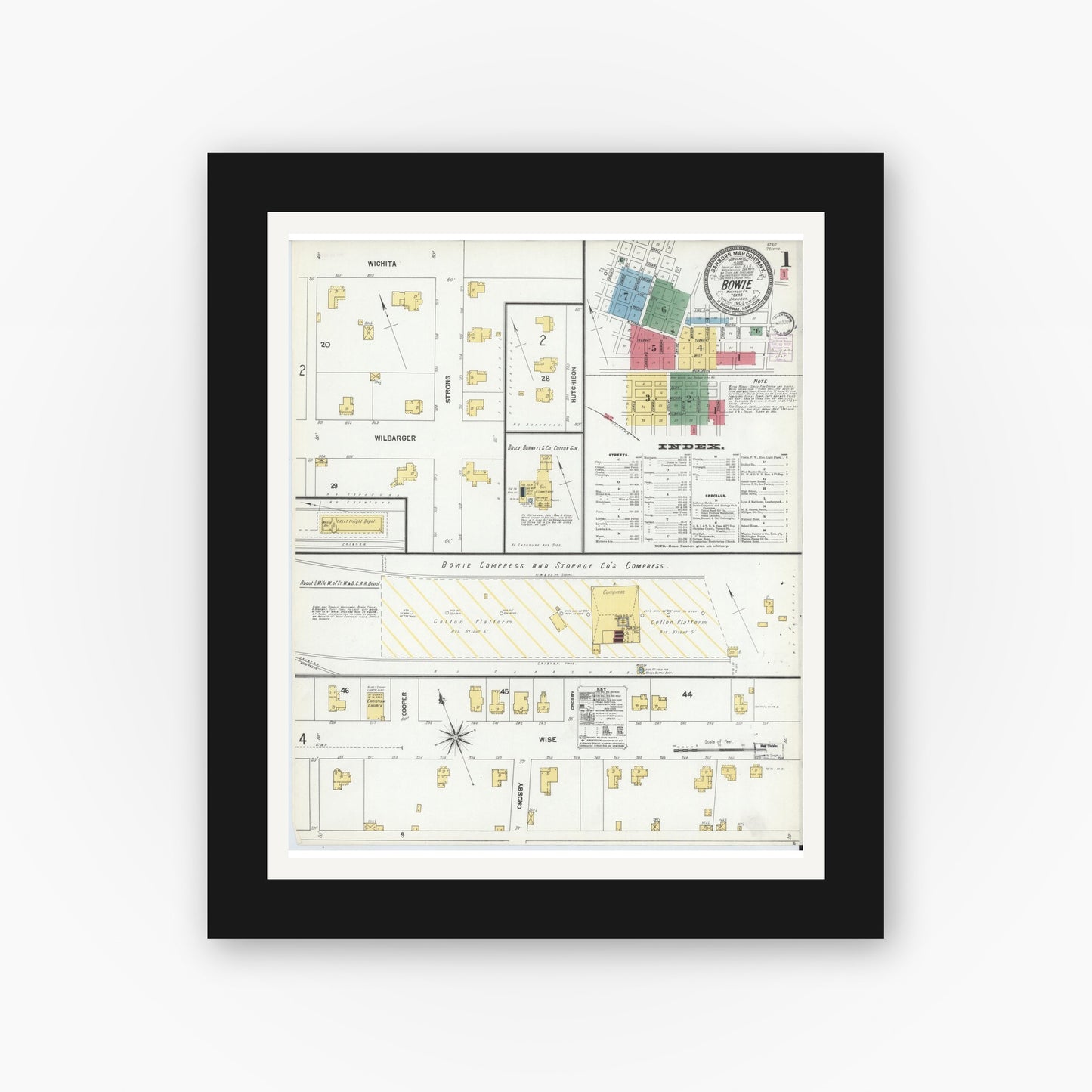 Old map wall art mockup — black gallery frame with white mat — Sanborn Fire Insurance Map from Bowie, Montague County, Texas (1902), Sheet #0001
