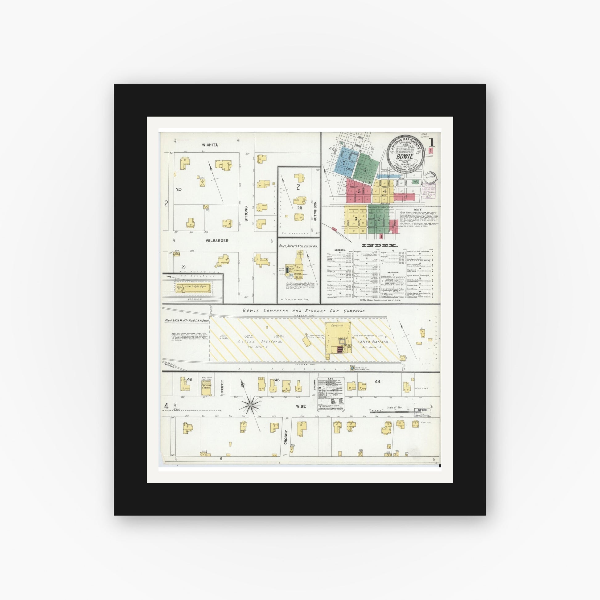Old map wall art mockup — black gallery frame with white mat — Sanborn Fire Insurance Map from Bowie, Montague County, Texas (1902), Sheet #0001