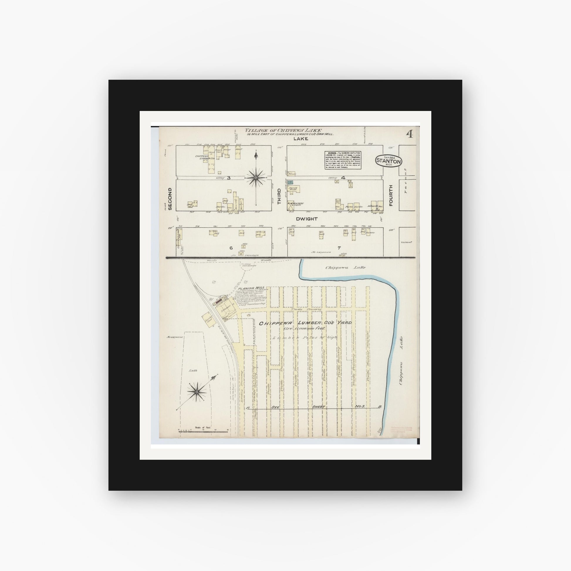 Old map wall art mockup — black gallery frame with white mat — Sanborn Fire Insurance Map from Stanton, Montcalm County, Michigan (1884), Sheet #0004