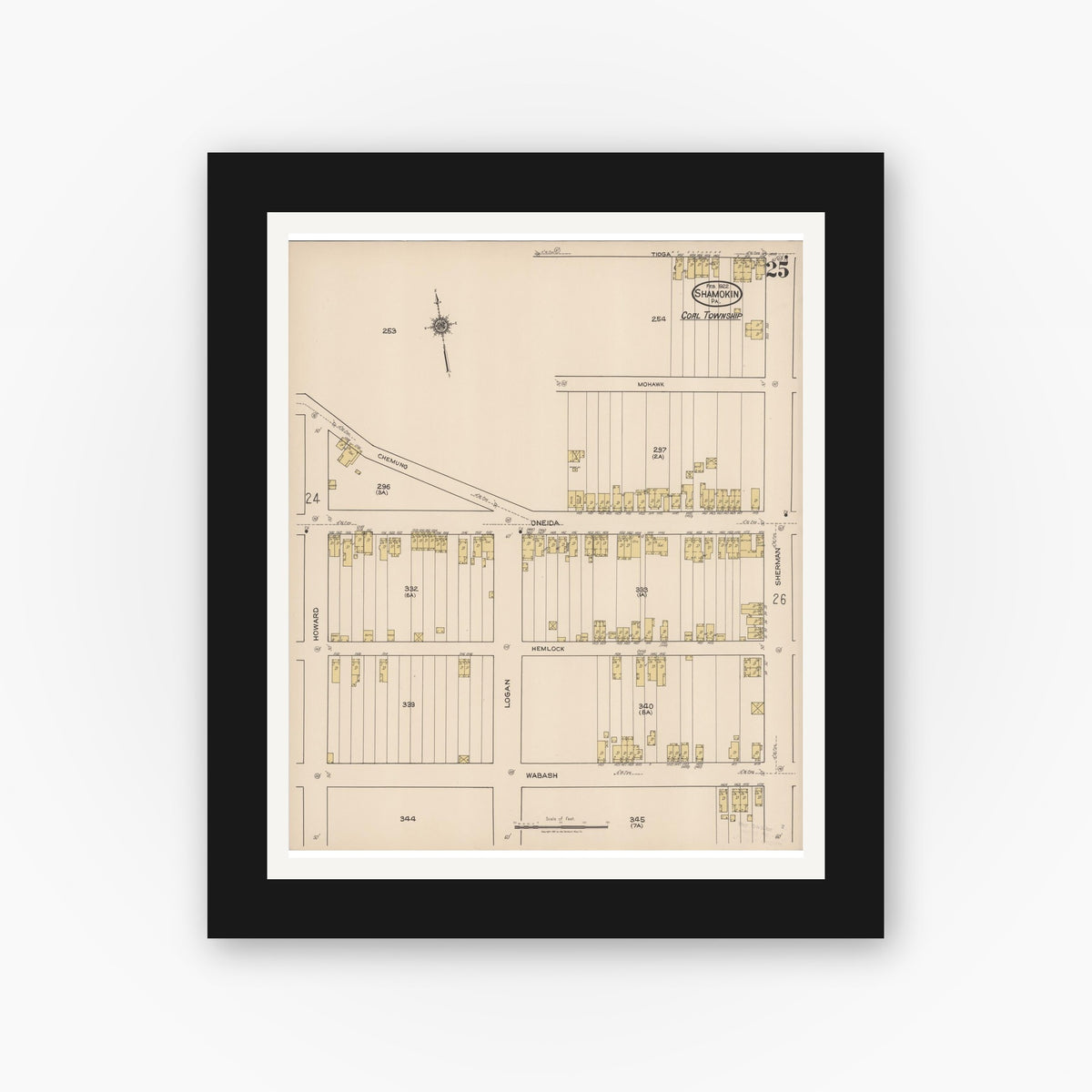 Old map wall art mockup — black gallery frame with white mat — Sanborn Fire Insurance Map from Shamokin, Northumberland County, Pennsylvania (1922), Sheet #0025