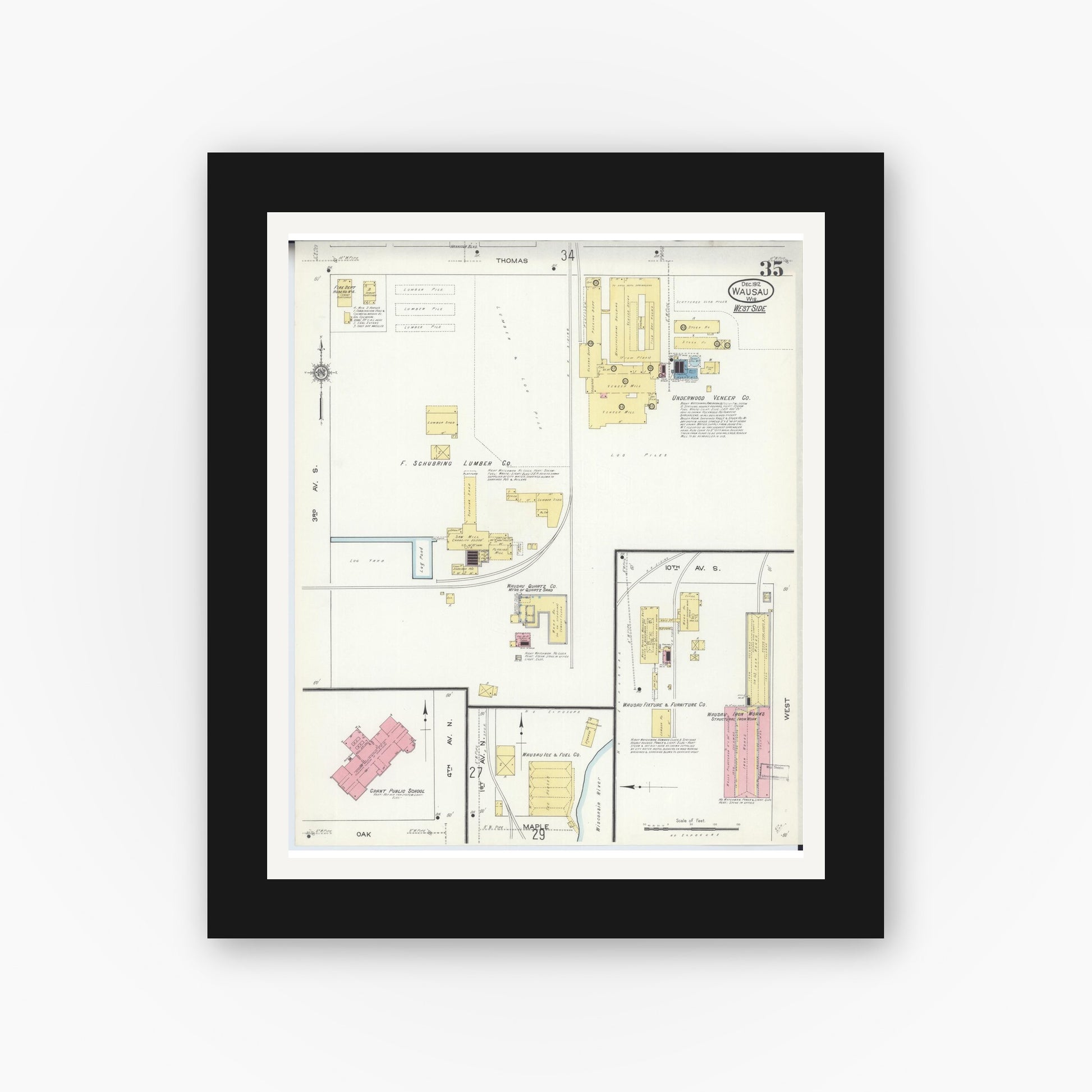 Old map wall art mockup — black gallery frame with white mat — Sanborn Fire Insurance Map from Wausau, Marathon County, Wisconsin (1912), Sheet #0035