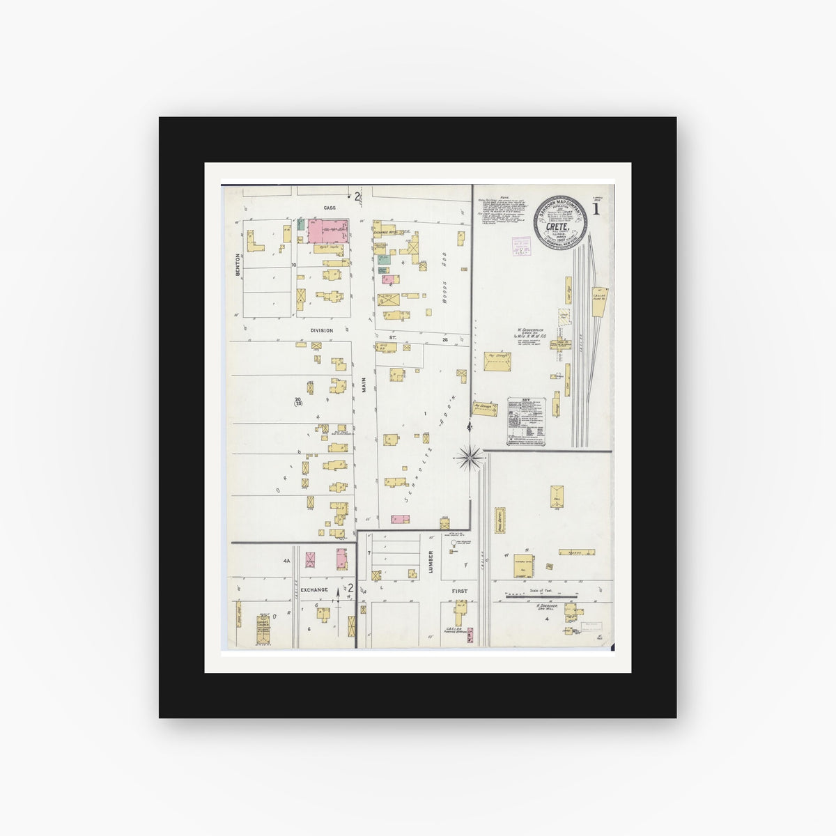 Old map wall art mockup — black gallery frame with white mat — Sanborn Fire Insurance Map from Crete, Will County, Illinois (1907) - Complete Map Set